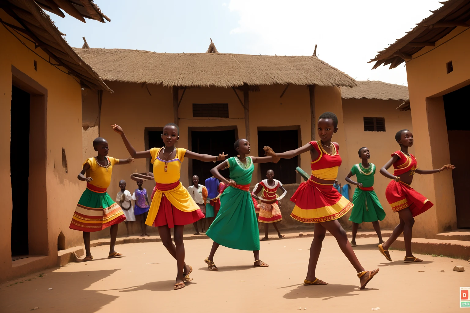Date: 2013
Country: Burundi
Description: A confident tween practices intricate dance steps with a group of friends, all dressed in traditional attire, against the vibrant backdrop of a Burundian courtyard.