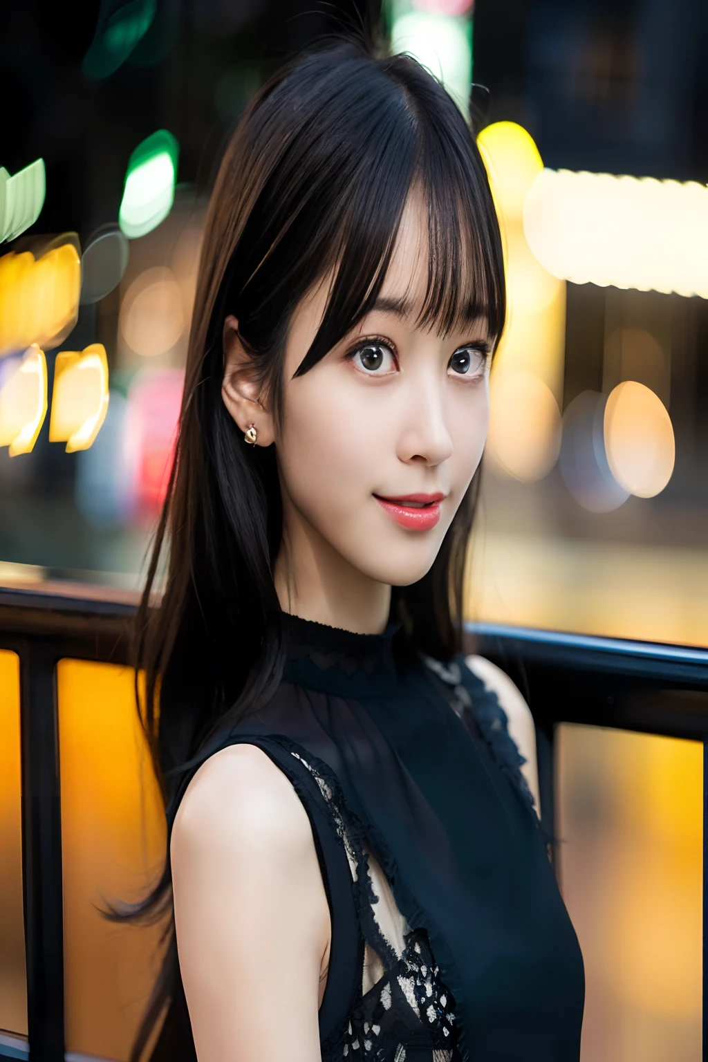 8K,Best Quality,masutepiece,超A high resolution,(photographrealistic:1.4),1girl in,(beautiful grey eyes),Black hair,(Rob Medium Hair),air bang,(ear),((Beautiful and detailed female thin face)),(Cute smile),((Dynamite Body)),(small nose),(Night light),(Rim Light),((Beautiful lighting)),(Bokeh),((Full black sexy dress with slit)),((Paris night background))