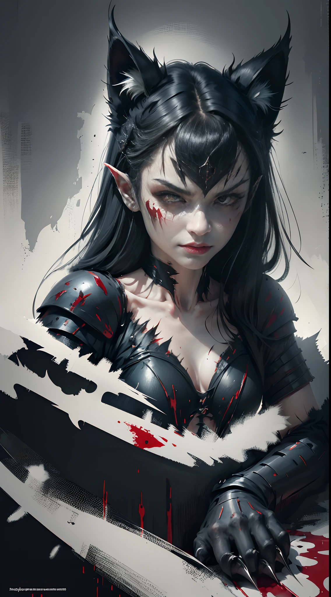 Fierce black cat，Dark red eyes，Close-up of extreme body details,White fangs,Sharp claws，Jump up，blood-stained armor,The armor is tattered,Real scars，Blood dripping,Blood dripped from the corners of the mouth,True blood,Full body like,Prepare for a raid