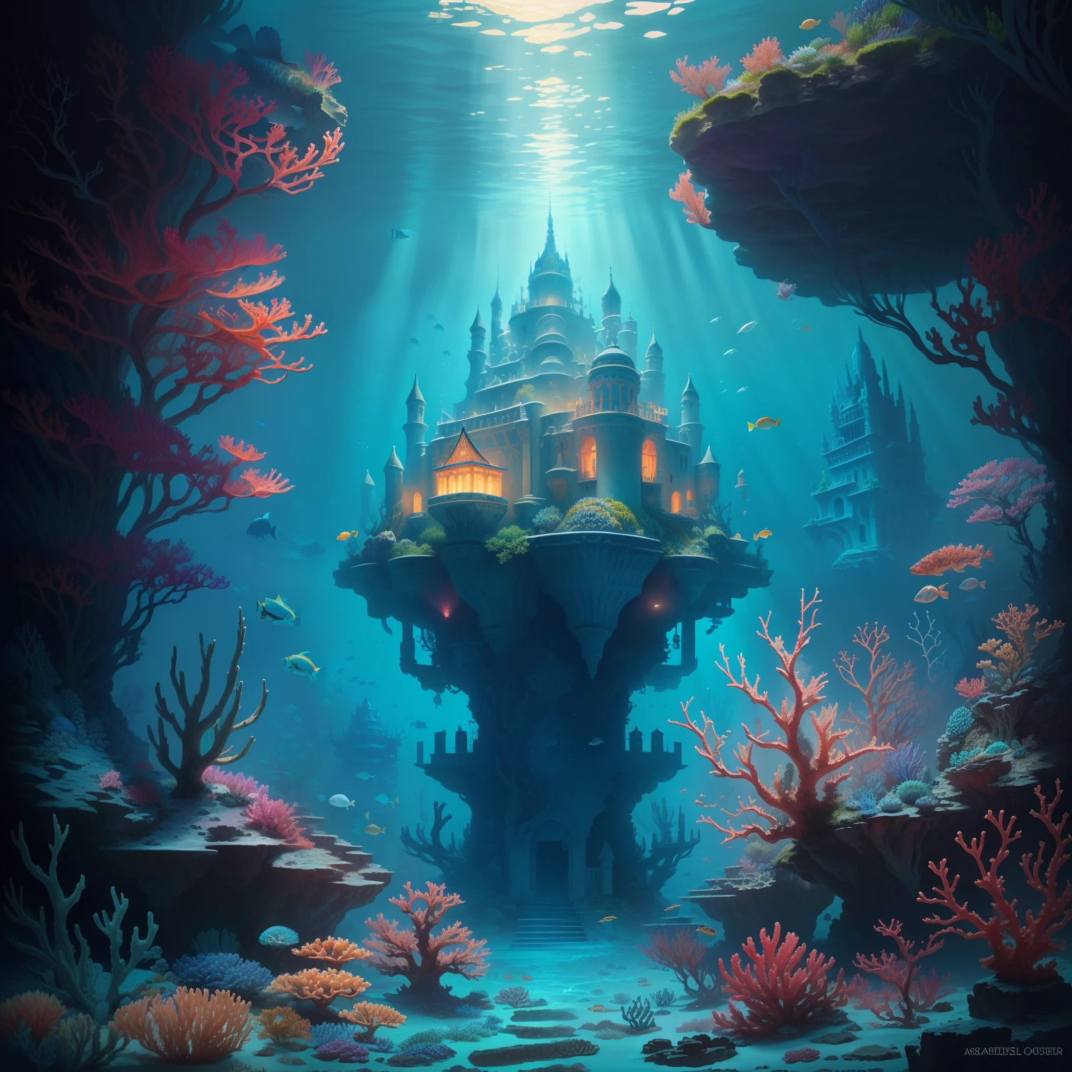 There are photos of underwater scenes with corals and castles, Undersea temple from right, jen bartel, Underwater city, Underwater temple with fish, an underwater city, Lots of tropical fish,4K highly detailed digital art, Masterpiece underwater scene, a beautiful artwork illustration, undersea environment, Aquatic monastery, underwater environment, realistic fantasy illustration, Highly detailed digital painting
