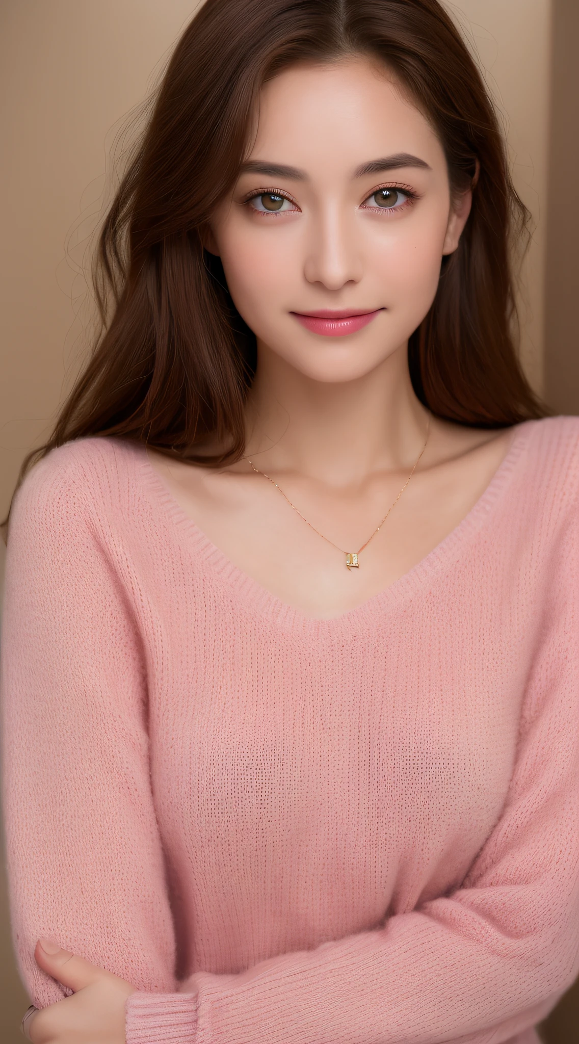 ((Night, Realistic Light, Best Quality, 8K, Masterpiece: 1.3)), 1girl, Slim Beauty: 1.4, Abs: 1.1, (Brown hair, Medium breasts: 1.3), Long pink sweater: 1.1, Bathroom, Super fine face, Delicate eyes, Double eyelids, smile, necklace