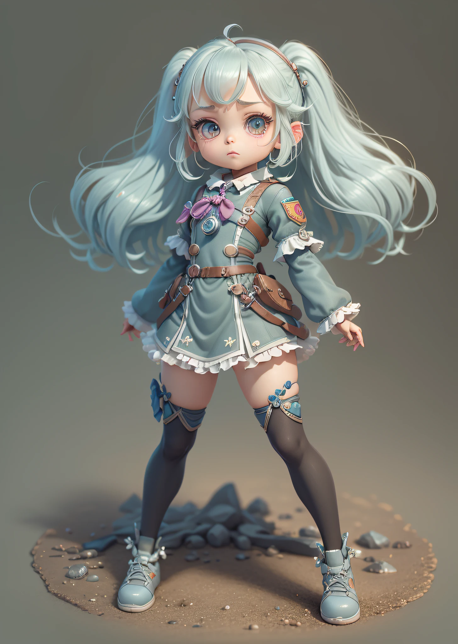 Super cute girl full body 3D picture,Five-year-old、Scout costumes、full bodyesbian、1pc, good eyes looking, largeeyes, Bonito, Glad, C4D, Pop Matt Blind Box, long Grey hair, Bright bubbles, toys, solid color backdrop, tchibi, Fluorescent translucent, luminous body, kawaii, human - shaped, reference sheet, by Pixar, intricately details, 3D rendering of, Blander, Renderizadoll OC, FOL body reference sheet, dribbble, high detal, 8K, Studio lighting, Lori, Petite, tchibi, SD character: 23, simple background