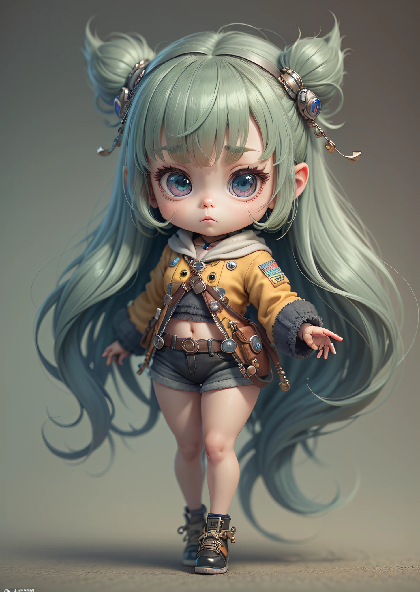 Super cute girl full body 3D picture,Five-year-old、Scout costumes、full bodyesbian、1pc, good eyes looking, largeeyes, Bonito, Glad, C4D, Pop Matt Blind Box, long Grey hair, Bright bubbles, toys, solid color backdrop, tchibi, Fluorescent translucent, luminous body, kawaii, human - shaped, reference sheet, by Pixar, intricately details, 3D rendering of, Blander, Renderizadoll OC, FOL body reference sheet,  dribbble, high detal, 8K, Studio lighting, Lori, Petite,  tchibi, SD character: 23, simple background