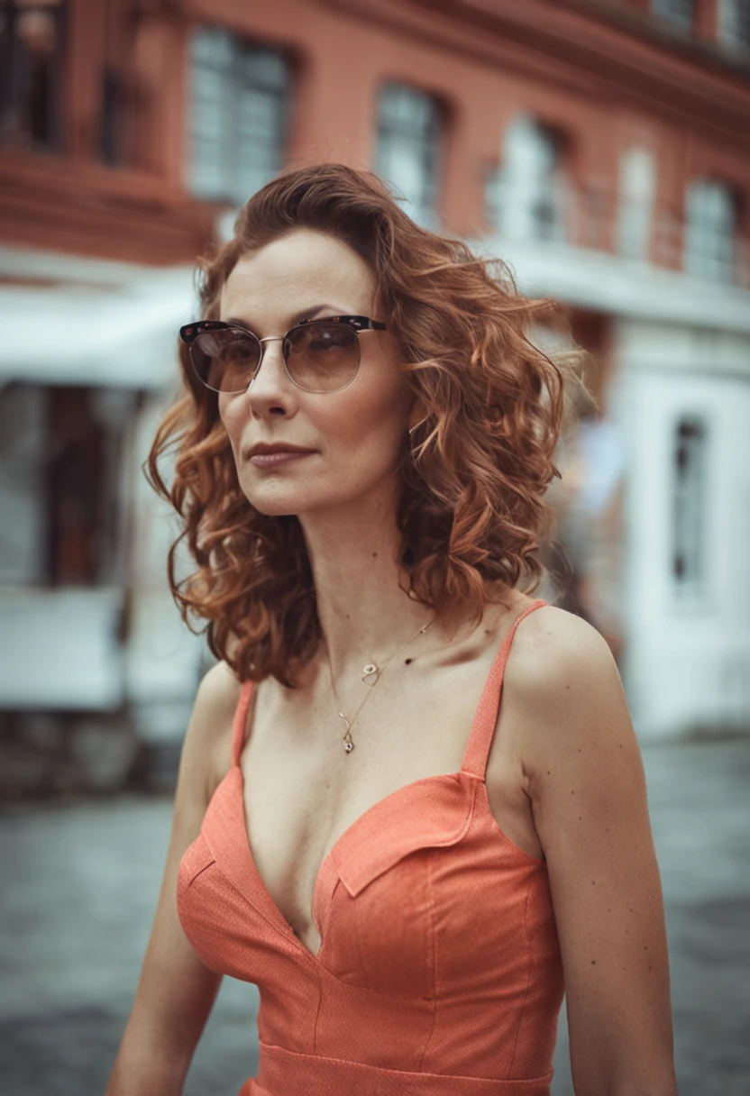 Frau, Europa, 32 Jahre, vollschlank , tiefer ausschnitt, big breasts, beautiful décolleté, kein bh, Mode editorial, aufnahme 8k, Hasselblad 80mm