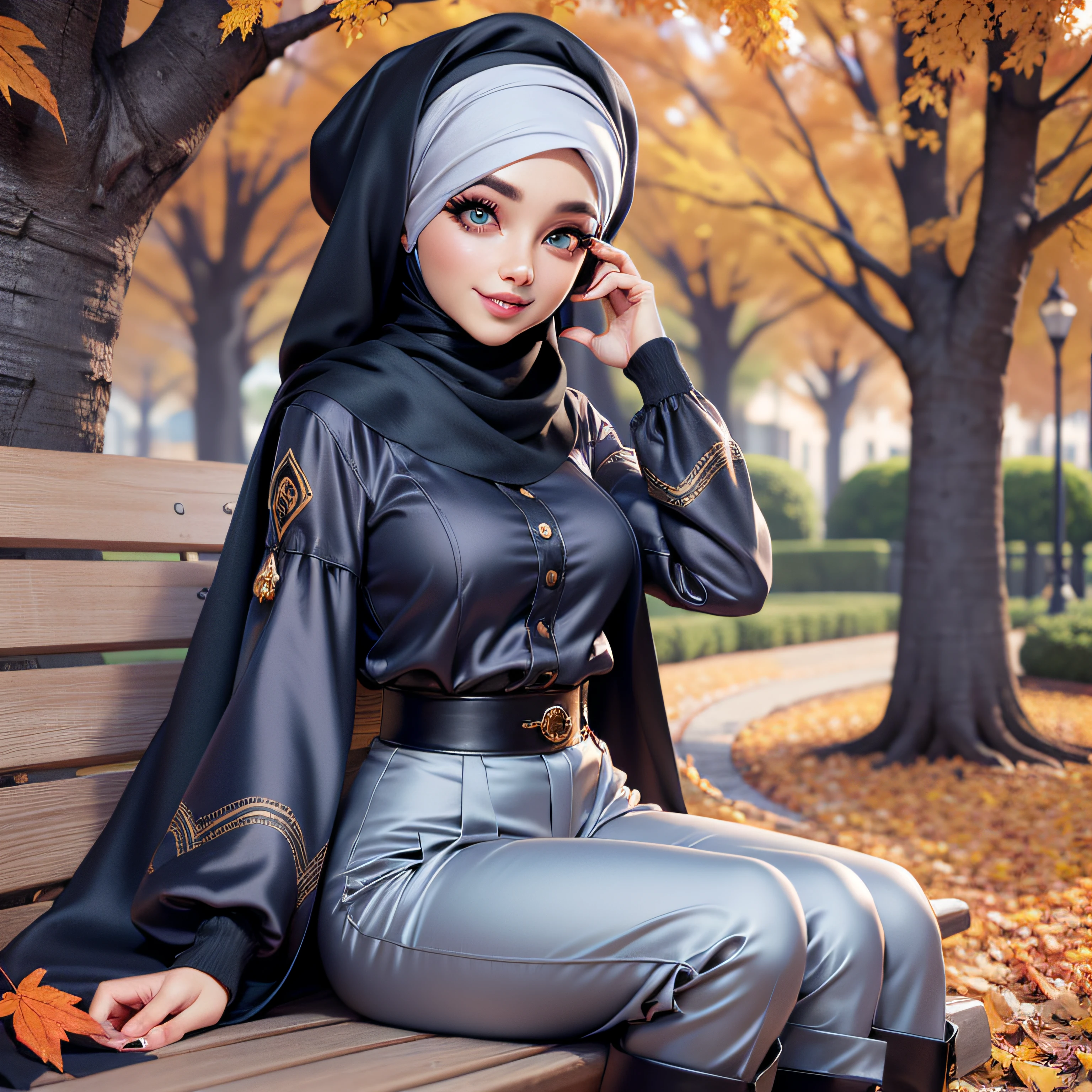 Masterpiece, Best Quality, 3D Rip Artwork, 3DMM Style, Portrait, Realism, a woman beautifully makeup, eyeshadow, Parted Lips, Detailed Eyes, beautiful big eyes, long eye lashes, smile wearing (black satin headscarf), loosely tide hijab style, ((gray satin shirt)), satin long pants, dyllic hat, high cut boots, seating on wood bench in a park is saudi arabia, autumn fall, saudi arabia view