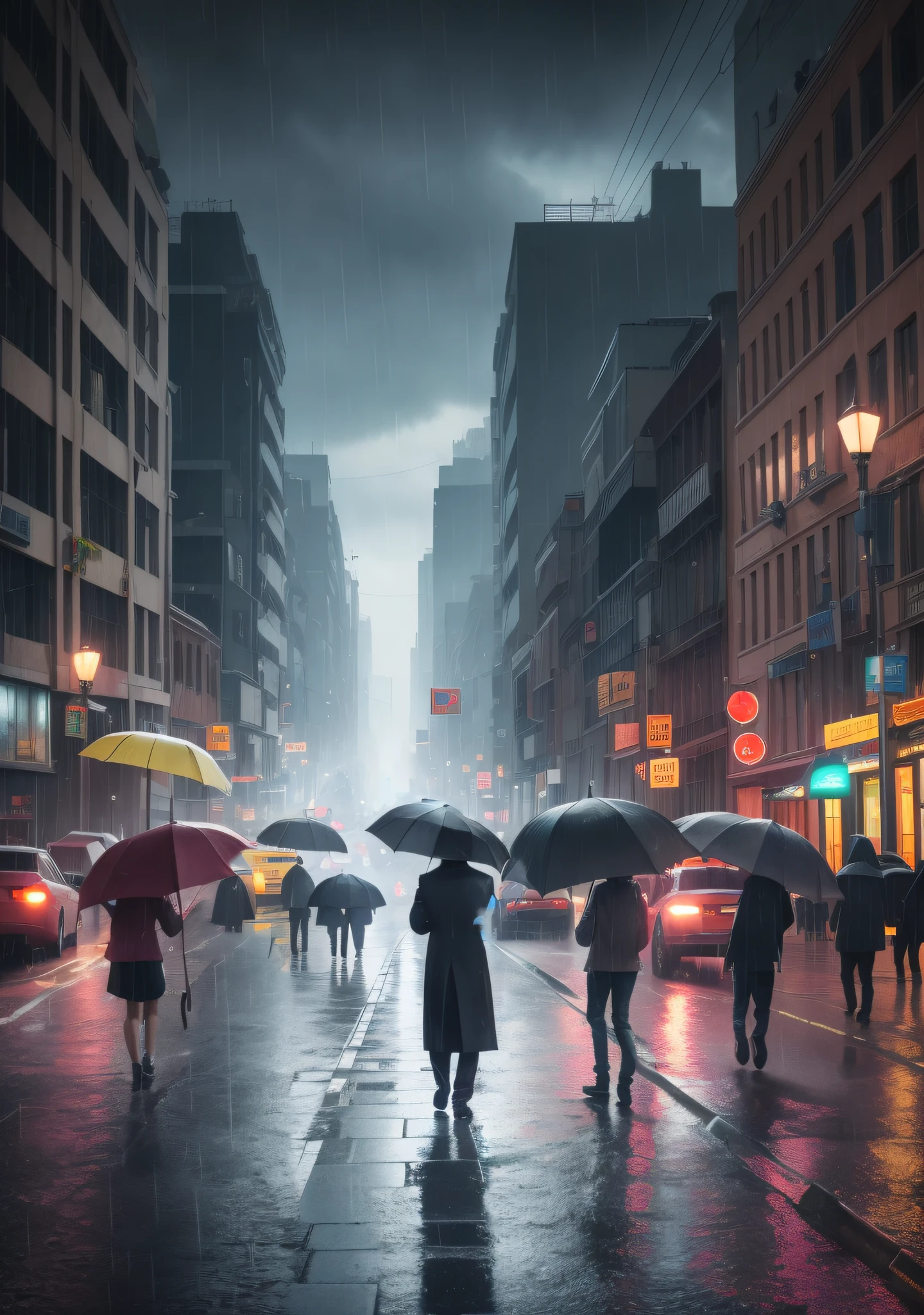 A man in a black trench coat stands in the street with a black umbrella,Background with,Full body photo,