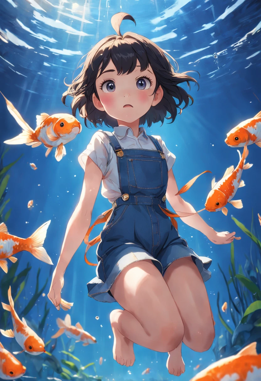 movie picture quality,Disney animation,Disney animated films, girl swimming in sky sitting on koi,Short hair and small braids,Denim suspenders,The barefoot,depth of fields,high light,Real light,Ray traching,oc rendered,Hyper-realistic,best qualtiy,8K,Works of masters,super-fine,Detailed pubic hair,Correct anatomy,sharp focus on eyes,Bokeh,Facial features are carefully depicted