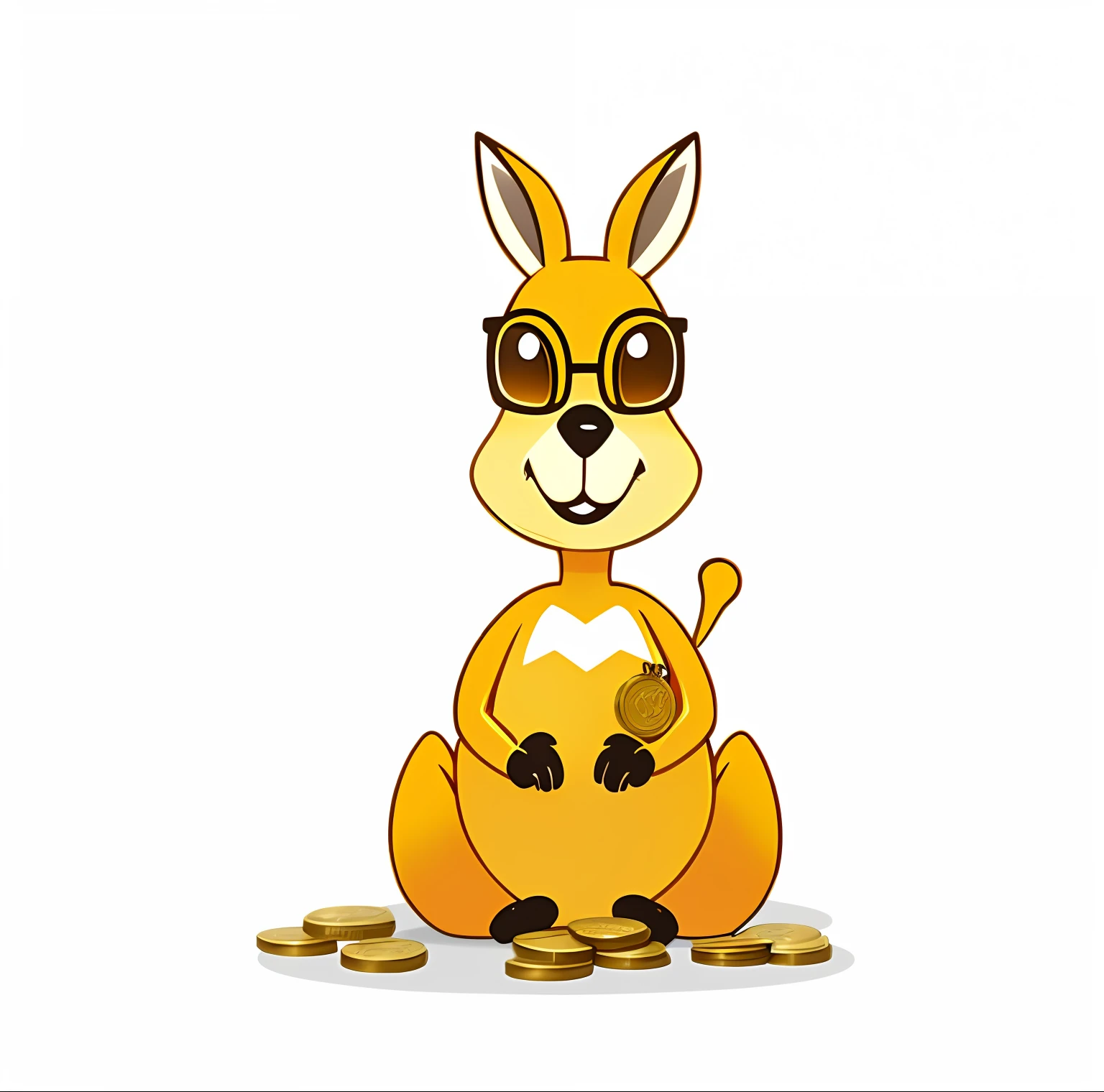 Cartoon kangaroo,There is a bunch of gold coins in the paws, kangaroos, subject : kangaroos, subject: kangaroos, Spy Kangaroo, edgBunny_Character, sitting on a pile of gold coins, mascot illustrations, Australia, australian, telegraph stickers, cereal mascot, an illustration of,