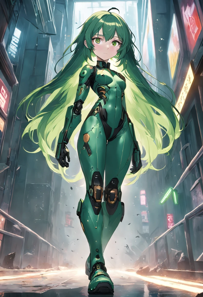 Green hair,Brown pupils,Modern clothing,Disability in both legs,Feminine appearance,28A flat chest,Armed with a P90 submachine gun,Equipped exoskeletons,There was a green glow around him,ember