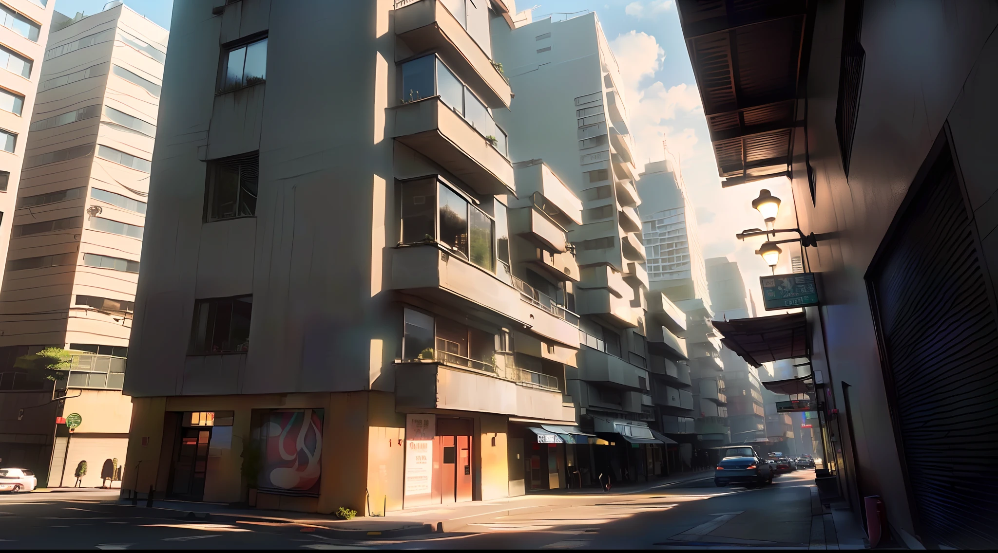 buildings on the side of a street with cars parked on the side, the neat and dense buildings, 2 4 mm ISO 8 0 0 cor, japanese downtown, city street cinematic lighting, sao paulo, Golden Hour in Tokyo, rua moderna da cidade, tall buildings on the sides, cinematic shot ar 9:16 -n 6 -g, tokyo street cityscape, São Paulo