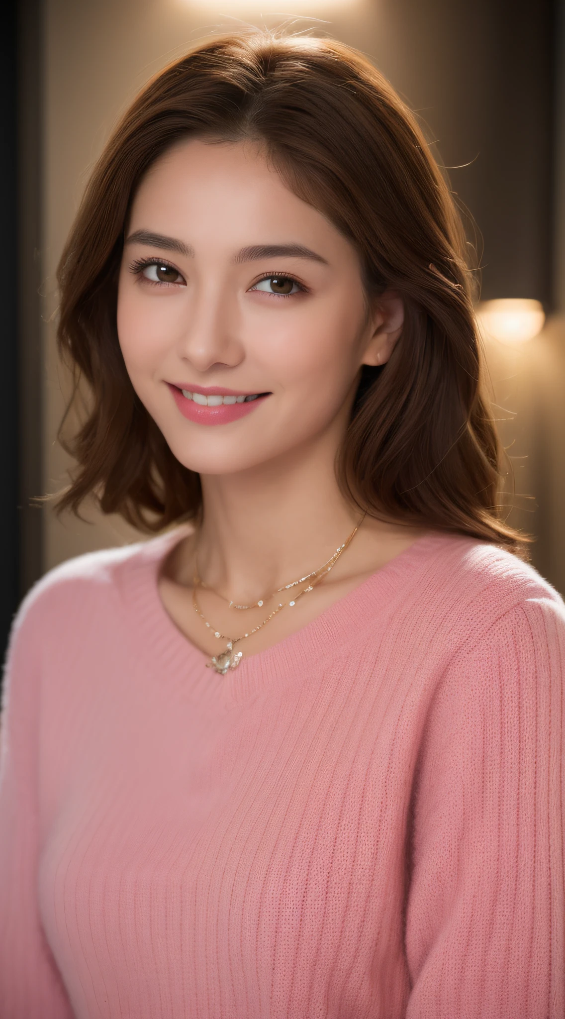 ((Night, Realistic Light, Best Quality, 8K, Masterpiece: 1.3)), 1girl, Slim Beauty: 1.4, Abs: 1.1, (Brown hair, Medium breasts: 1.3), Long pink sweater: 1.1, Bathroom, Super fine face, Delicate eyes, Double eyelids, smile, necklace
