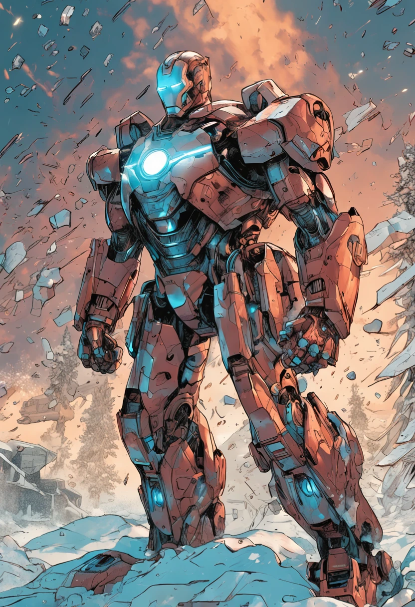 Iron Man battles an army of robots on a snowy battlefield, full bodyesbian, far, AB JLEE3, Complex facial details for all characters, Expressive eyes and nose and mouth, unzoom, author:Jim Lee Right Section Centered, Key, Visual, Complex, Highly Detailed, Breathtaking, Precise Line Art, Vibrant Panorama Film