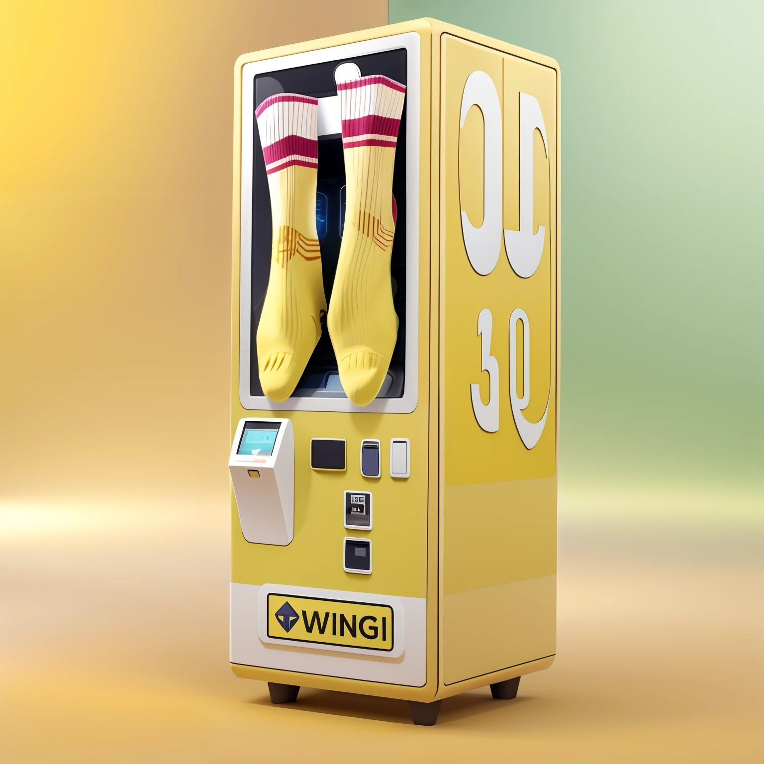 Show close-up of stockings，For example，Star support material assembly，vending machines，sci-fi vending machine，3D product render，Some are more specific, Descriptive scenarios may appear on the computer，por exemplo, Someone went to the vending machine and bought leg socks or stockings，etc，Or describe the scene where something is purchased，Stylistic references attract attention，applied，Represents fashionability，Elements with a strong visual sense，There are reasonable ones on the fuselage, A contextual description of the style element, etc，The overall color is mainly yellow and light yellow，Color distribution is 50 each%,Wish there were more elements，The elements are more diverse，Fewer colors，There are no portraits on the machine，or role，The color is lighter，Stockings have slightly more elements，The design is a little stronger，Two-dimensional points