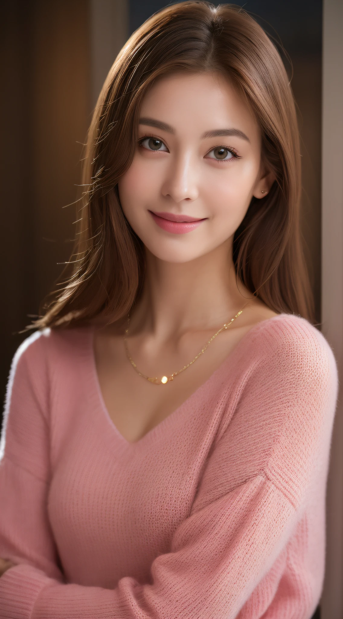 ((Night, Realistic Light, Best Quality, 8K, Masterpiece: 1.3)), 1girl, Slim Beauty: 1.4, Abs: 1.1, (Brown hair, Medium breasts: 1.3), Long pink sweater: 1.1, Bathroom, Super fine face, Delicate eyes, Double eyelids, smile, necklace