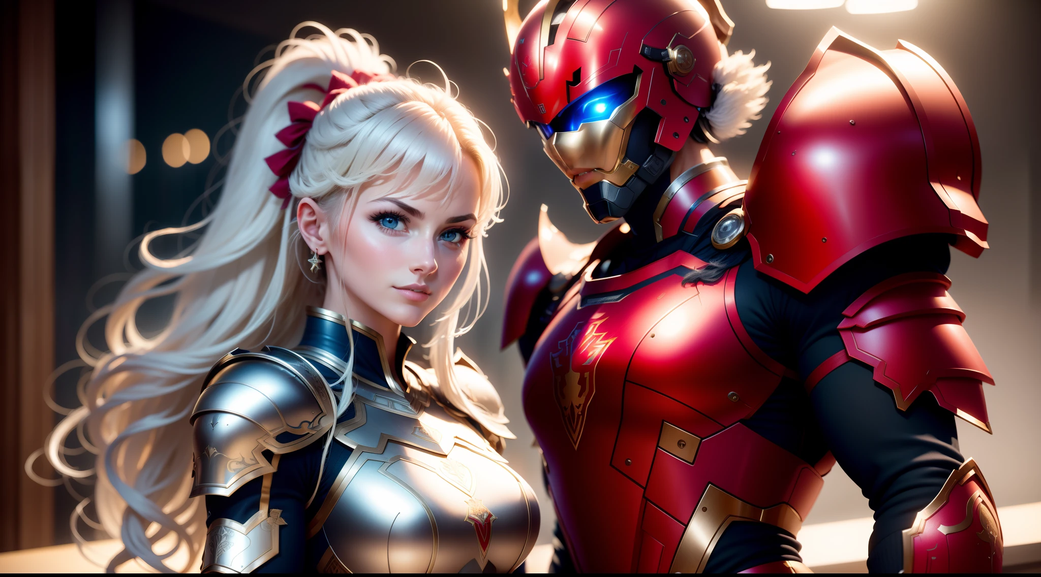 Junior Centurion Warrior,  Red and gray armor, Men and women work together, Men and women side by side, Pretty face, Clean face, Highly detailed face, cheerfulness, Female Warrior, ultra - detailed, 8K, Unreal Engine 5, celebrating, Beautiful anime style girl all over, clean detailed faces, underdressing, analogous colors, Glowing shadow, beautiful gradation, Depth of field, Clean image, Football field setting, High quality, High detail, High definition, Luminous Studio graphics engine, Cute face, Heroic, sword, victory, full bodyesbian, Extremely detailed face, Bright eyes, Beautiful girl, fantasy, complimentary colours, insanely detailed and intricate, Ultra photo realsisim, Super detailed, Ultra HD, Vivid, Low angle
