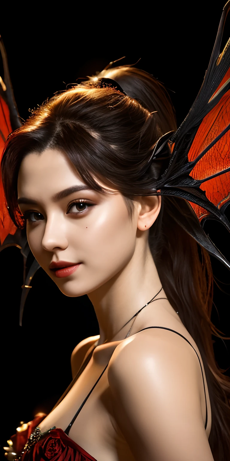 Fine, (Best Illustration), 8k Resolution, Intricate Details, Best Quality, Realistic, Ultra Detailed, Best Lighting, Best Shadows, Ultra HD, A Necromancer, Night, Magic, Dark Style, Vampire, Bat wings, shining red eyes, masterpiece, high_res, Beautiful face, tyndall effect, photo realistic, (high detailed skin:1.2), 8k uhd, dslr, high quality, Photograph, high resolution, 4k, 8k, Bokeh, medium breasts, absurdres, ponytail contorted, best ratio four finger and one thumb,