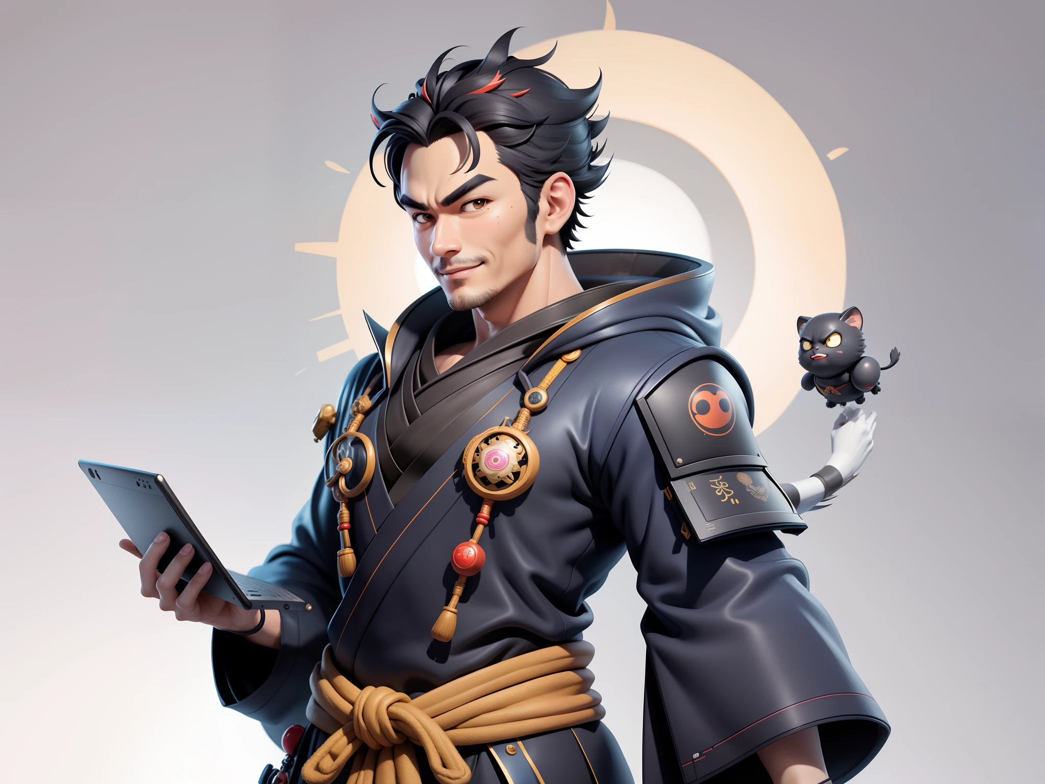 (Daisaku),(Need),(Super meticulous),(full bodyesbian:1.2),Super young man with Japanese geisha,Beautiful,orient,one tiger,Aeolian Thor,Raised sexy,爆乳,Oriental face,TV Anchor,Bust portrait illustration,In black suit,a blue tie,The face is slightly chubby,The face was clean,without a beard,Black super short hair,Black eyes,Smile confidently,3C computer sub-products,iPad, iphone,Digital painting,3D character design by Mark Clairen and Pixar and Hayao Miyazaki and Akira Toriyama,The illustration is a high-definition illustration in 4K resolution,With very detailed facial features and cartoon-style visuals。