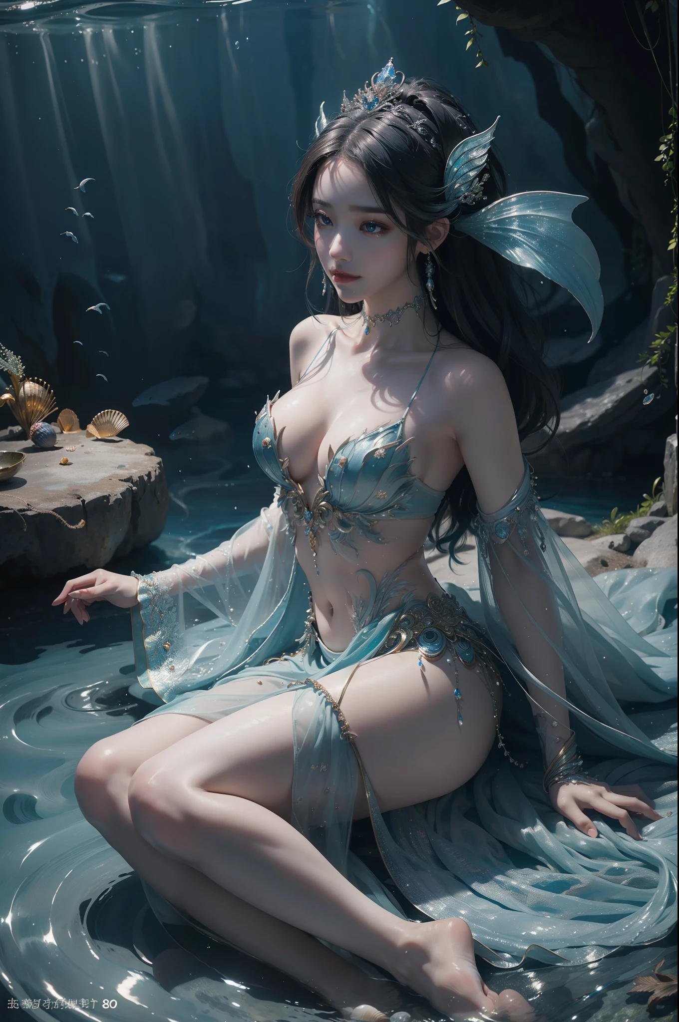 ((top-quality、​masterpiece、photographrealistic:1.4、8K))、Beautuful Women、Beautiful expression、extremely detailed eye and face、beatiful detailed eyes、Little Mermaid、（Mysterious and natural dress）、（In a cave under the sea、Imagine the Little Mermaid collecting gems and shells。Her tail fin sticks out on the shimmering surface of the water.、The light inside the cave illuminates her beautiful scales and hair。）、Cinematic lighting、Textured skin、Super Detail、high detailing、High quality、hight resolution、Looking at Viewer、Elegant smile、Full body、tropical fish