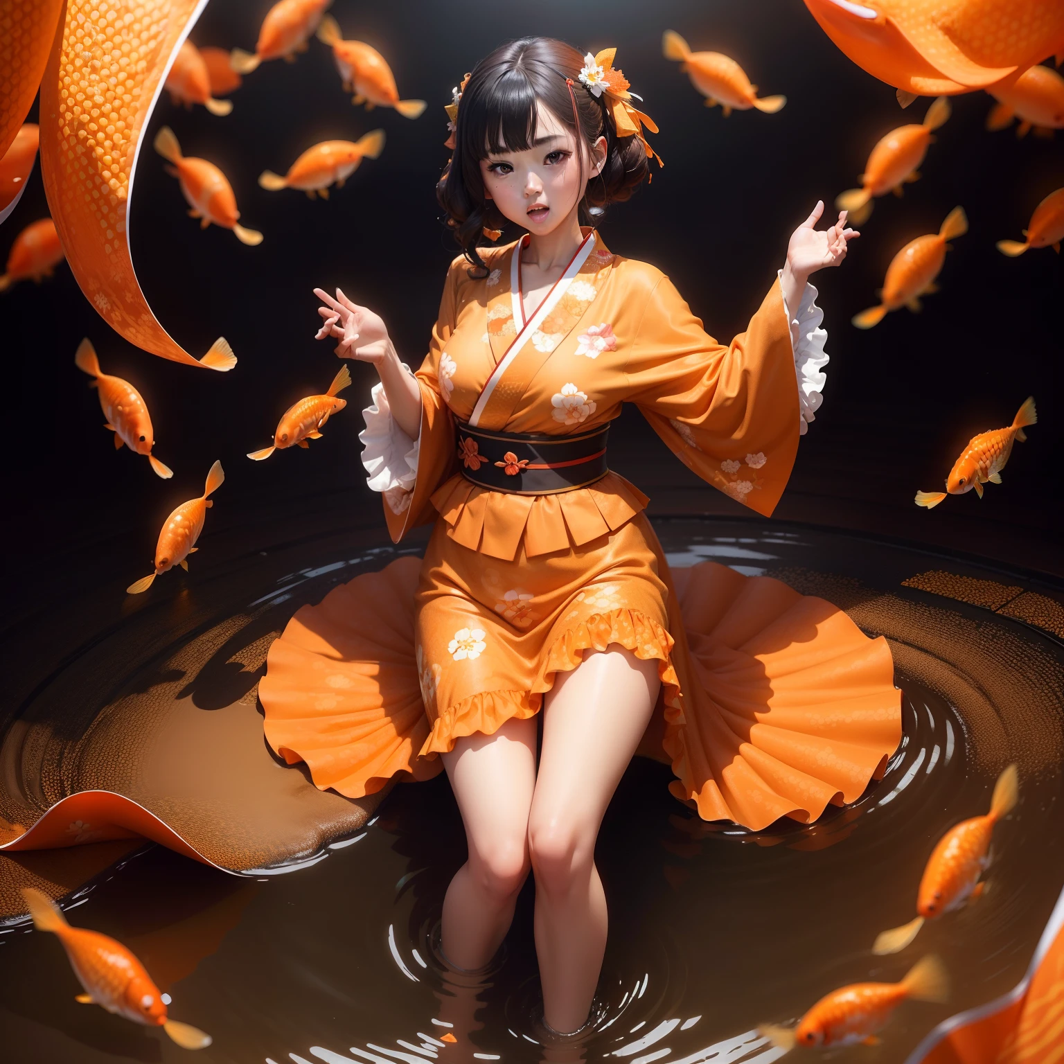 Female idol covered in goldfish(Kimono with frills)、Looks fun、full body Esbian、Orange and red、fair