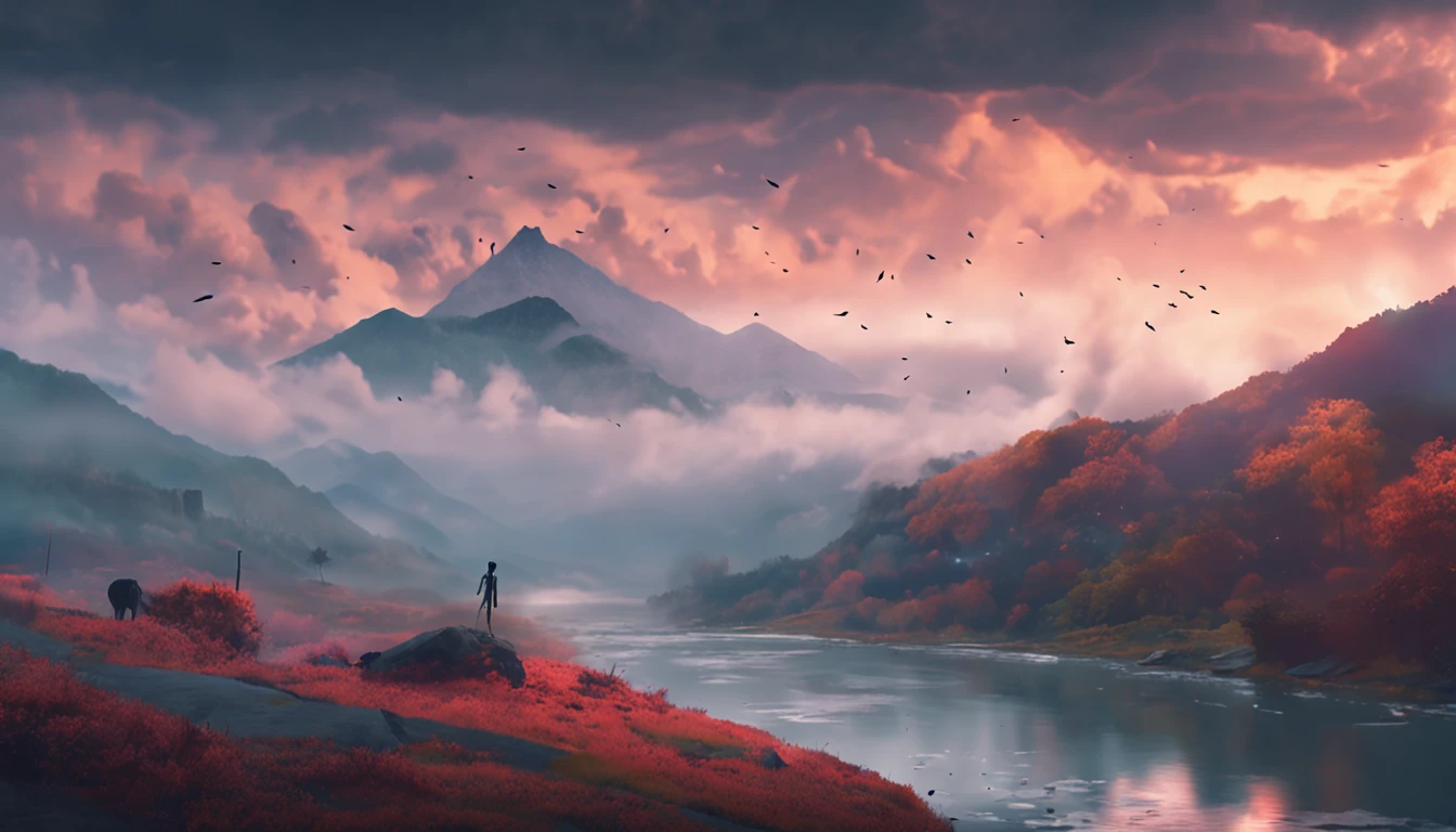 Ghibli style, Beautiful sky with mountains and river 4k wallpaper. Rain and foggy atmosphere, Evoke moodiness and desolation of the future."