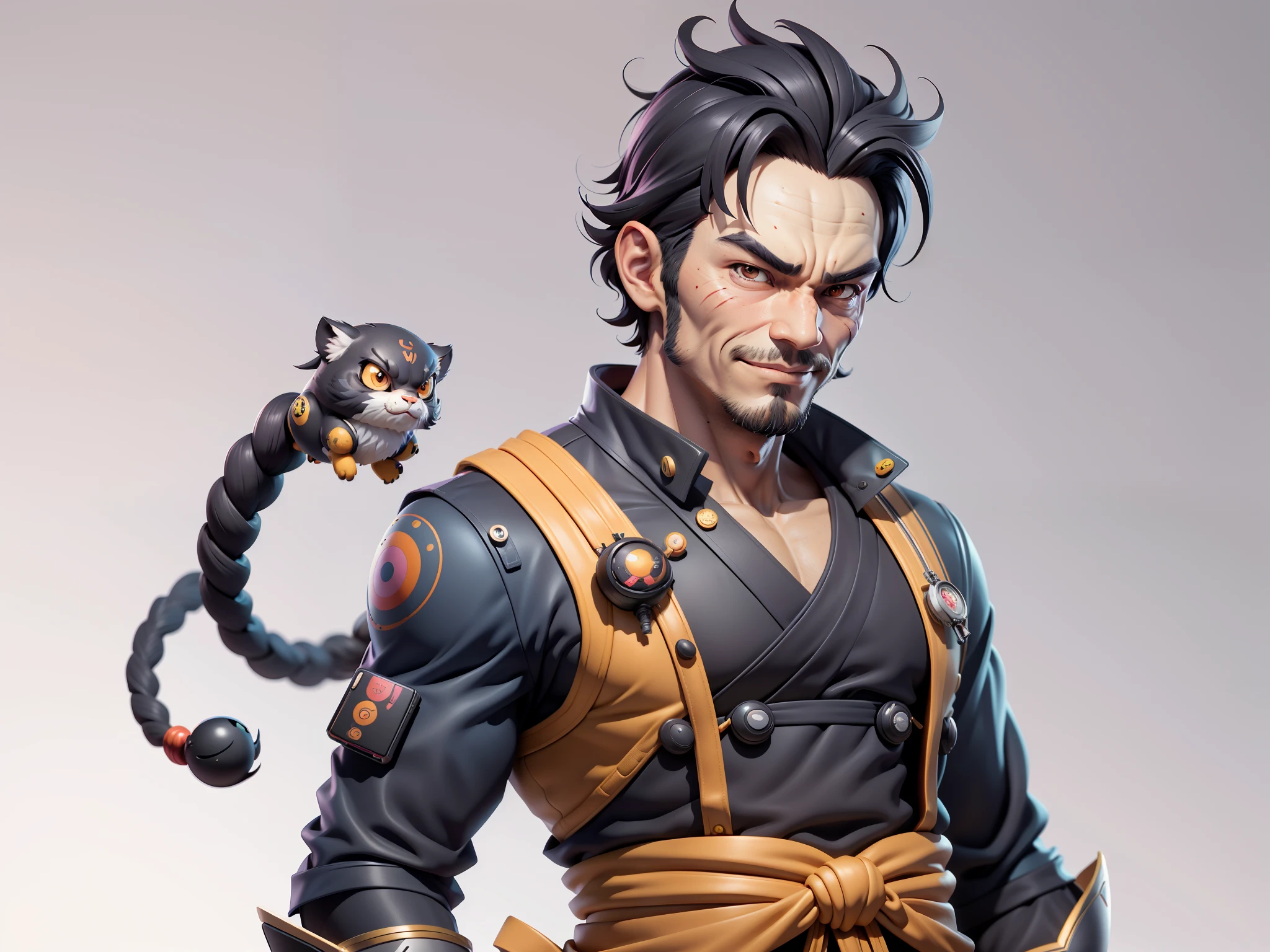 (Daisaku),(Need),(Super meticulous),(full bodyesbian:1.2),Super young man with Japanese geisha,Beautiful,orient,one tiger,Aeolian Thor,Raised sexy,爆乳,Oriental face,TV Anchor,Bust portrait illustration,In black suit,a blue tie,The face is slightly chubby,The face was clean,without a beard,Black super short hair,Black eyes,Smile confidently,3C computer sub-products,iPad, iphone,Digital painting,3D character design by Mark Clairen and Pixar and Hayao Miyazaki and Akira Toriyama,The illustration is a high-definition illustration in 4K resolution,With very detailed facial features and cartoon-style visuals。