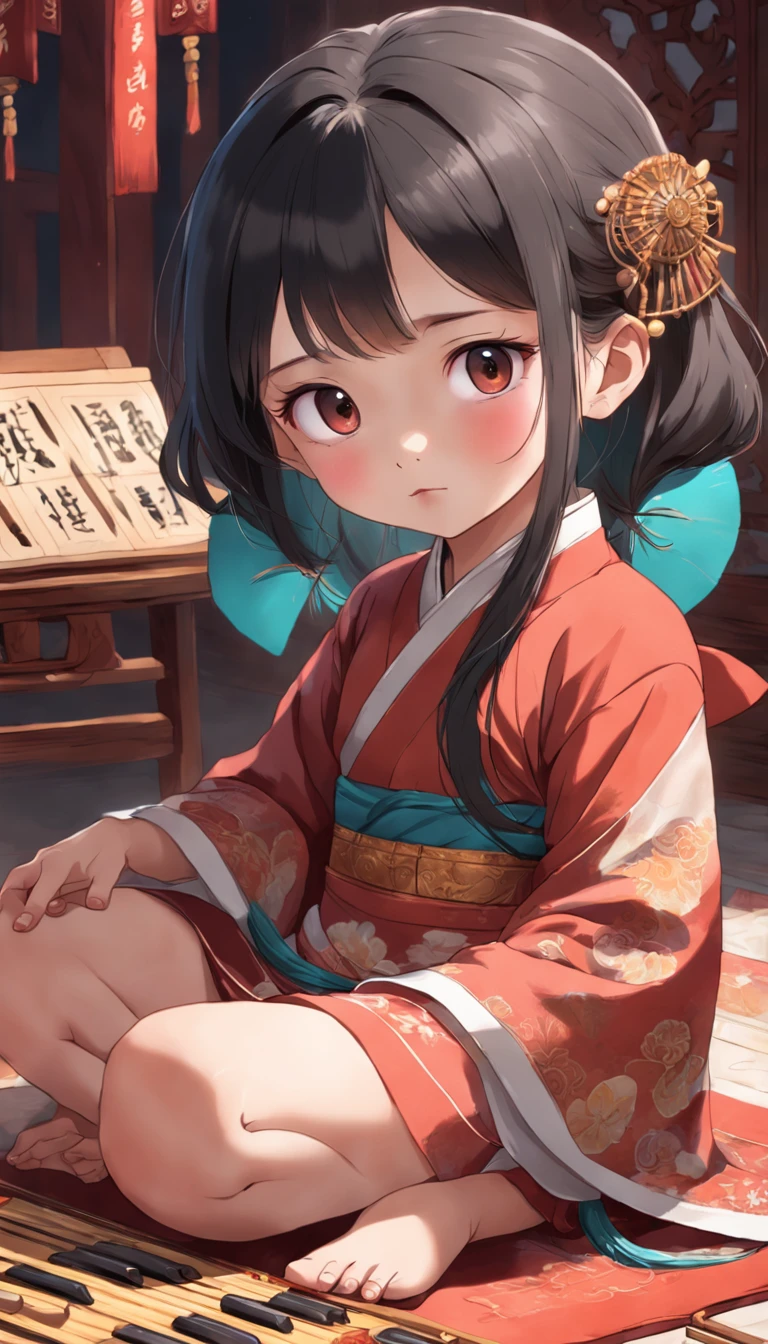 full bodyesbian, Very young girl sitting on carpet playing guzheng,Oriental face,With very detailed facial features and cartoon-style visuals。