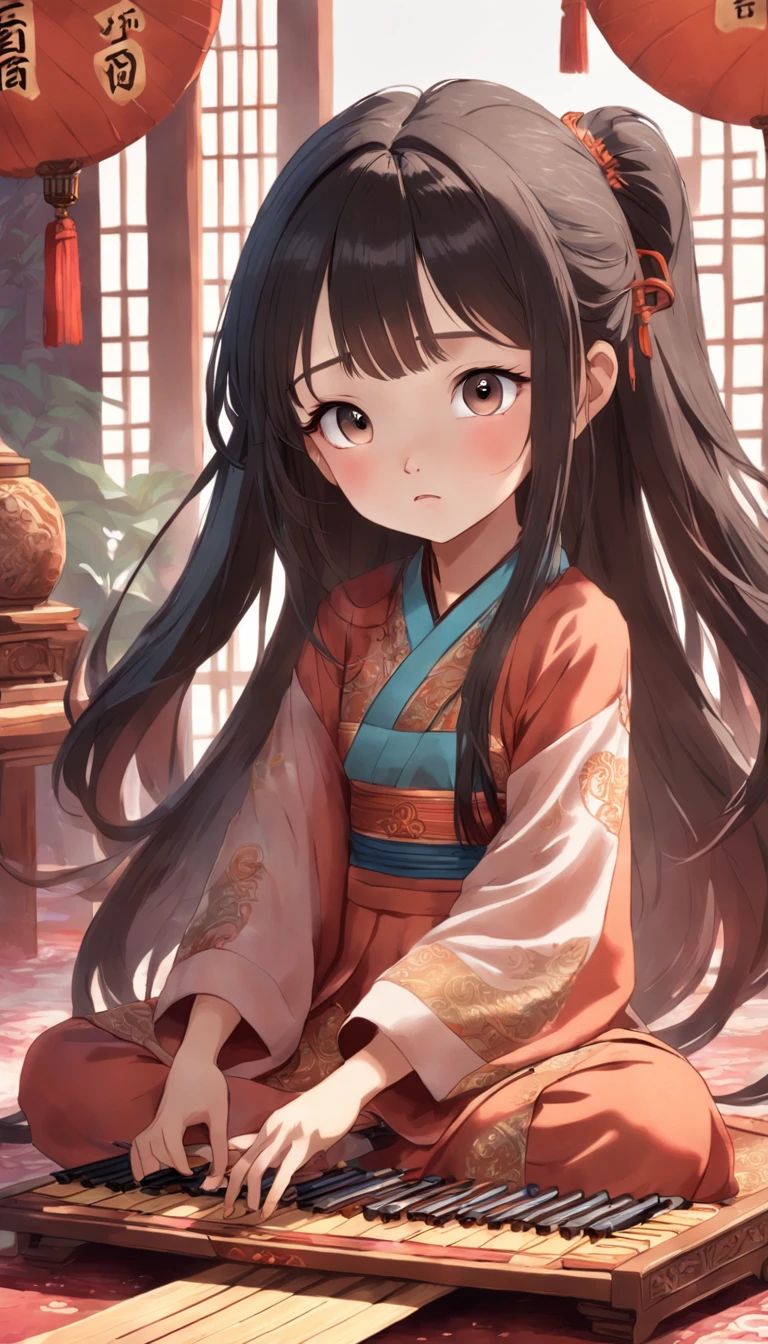 full bodyesbian, Very young girl sitting on carpet playing guzheng,Oriental face,With very detailed facial features and cartoon-style visuals。
