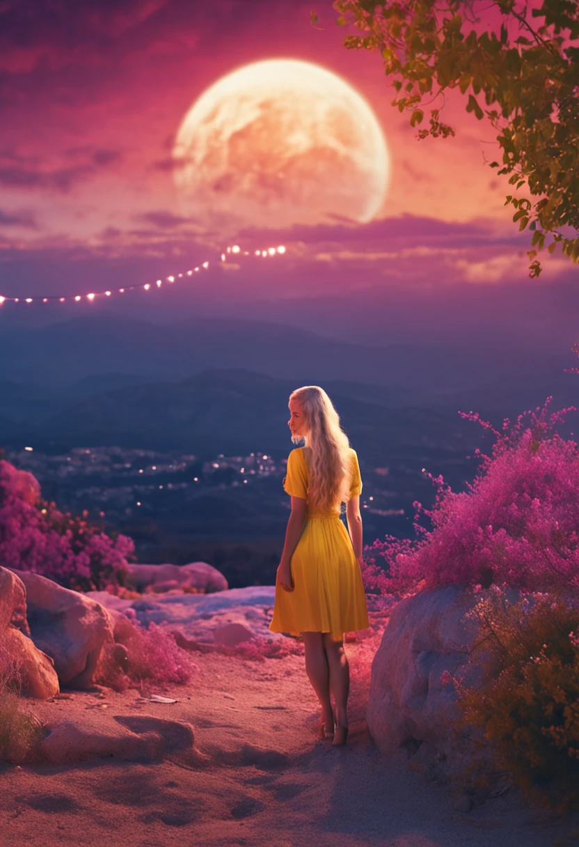 (masutepiece, Best Quality, High quality, hight resolution:1.4), Extremely detailed, Ambient soft lighting, 4K UHD ,In Greece where the night view is beautiful, a beautiful girl with blonde semi-long hair wearing a white and yellow miniskirt dress is transforming while drawing a heart with a magic cane.