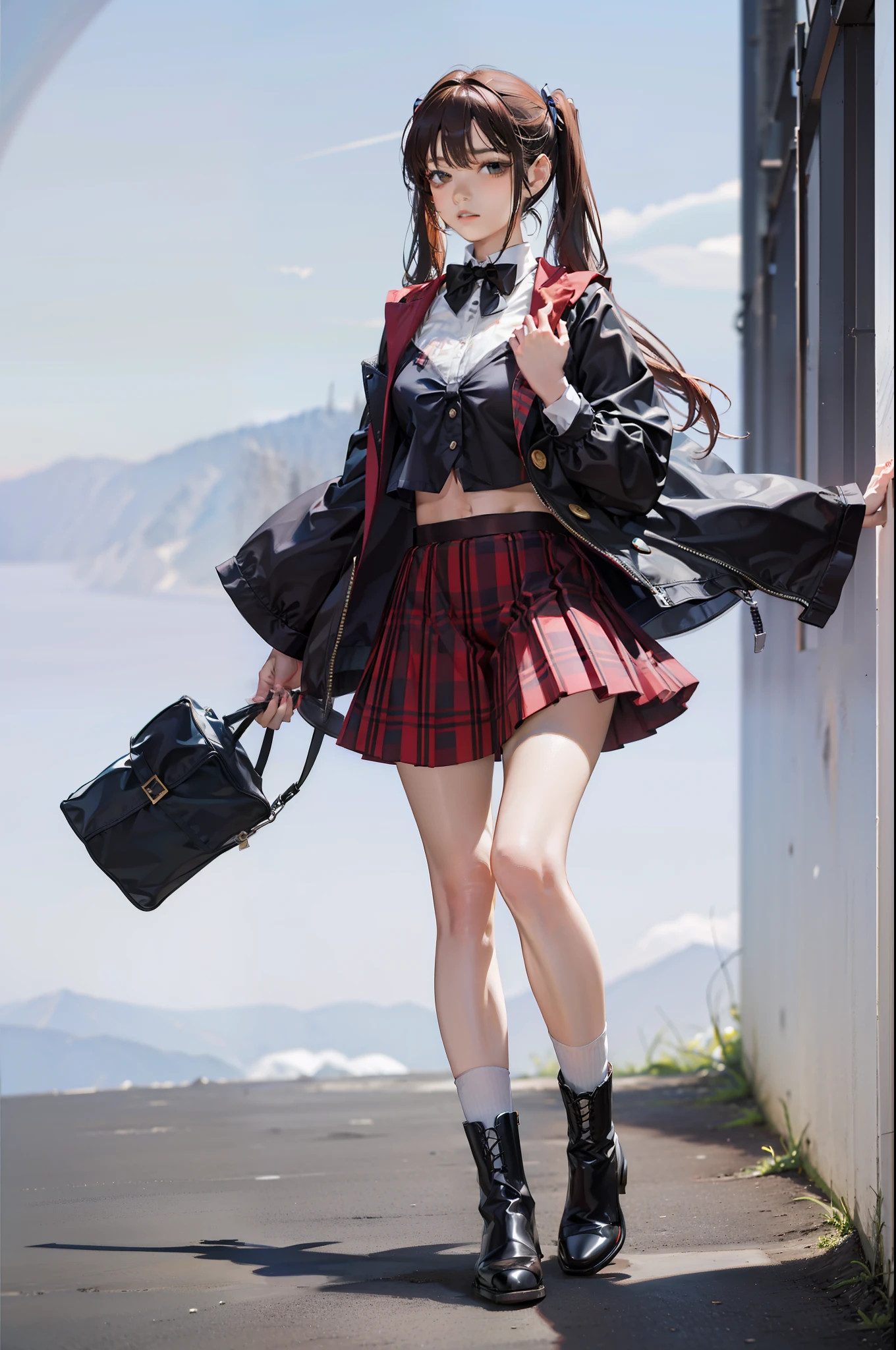 best qualtiy, Full body like,Refined face,pretty face,25 years old woman,slimfigure,Smaller bust,office lady uniform,Office wear,black lence stockings,(Castle background:1.3)