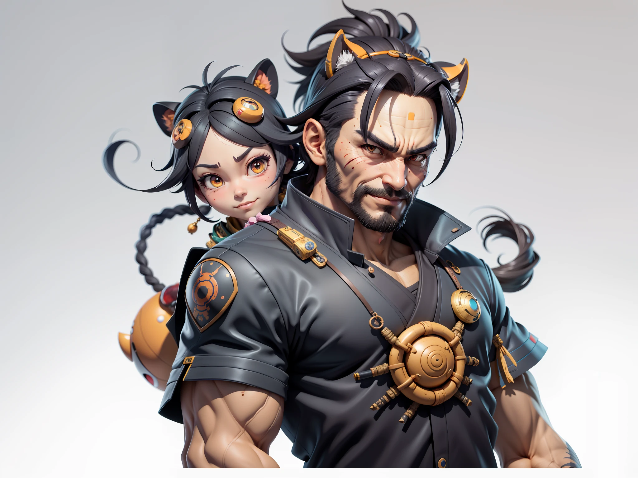 (Daisaku),(Need),(Super meticulous),(full bodyesbian:1.2),Super young man with Japanese geisha,Beautiful,orient,one tiger,Aeolian Thor,Raised y,爆乳,iental face,TV Anchor,Bust portrait illustration,In black suit,a blue tie,The face is slightly chubby,The face was clean,without a beard,Black super short hair,Black eyes,Smile confidently,3C computer sub-products,iPad, iphone,Digital painting,3D character design by Mark Clairen and Pixar and Hayao Miyazaki and Akira Toriyama,The illustration is a high-definition illustration in 4K resolution,With very detailed facial features and cartoon-style visuals。