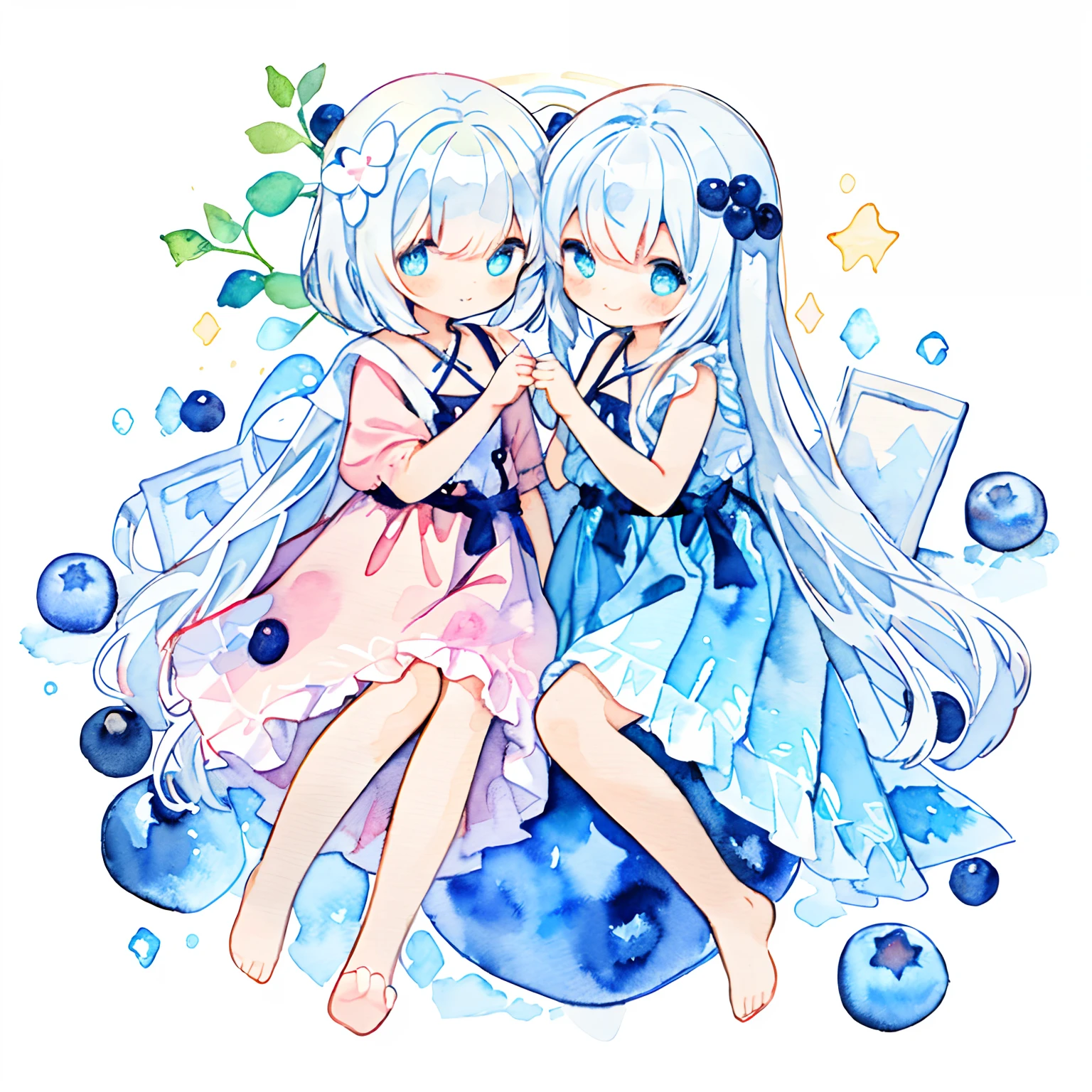 PastelColors:1.5)、(Cute illustration:1.5)、(watercolor paiting:1.2)、Light blue background、girl with、full body Esbian、A smile、Stranger、Light blue all over、Moya、marble、colourfull、jello、blueberry、Jelly Girl、White hair、light blue eyes、full bodyesbian