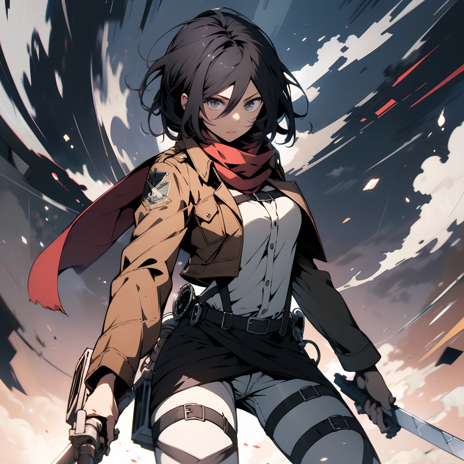 masterpiece, best quality, highres, hmmikasa, short hair, black eyes, scarf, emblem, belt, thigh strap, red scarf, white pants, brown jacket, long sleeves, holding weapon, sword, dual wielding, three-dimensional maneuver gear, fighting stance, sky,