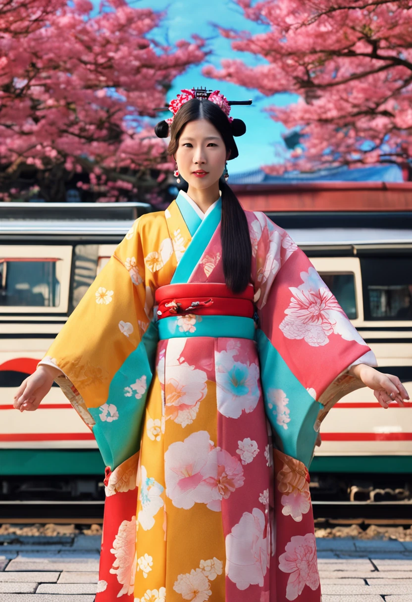 Sightseeing spots in Kyoto, Shinkansen in the background, Farbe々Girl in Japanese clothes with flower pattern, Sunnyday, Maiko coming and going, Tourists in Dae Rong