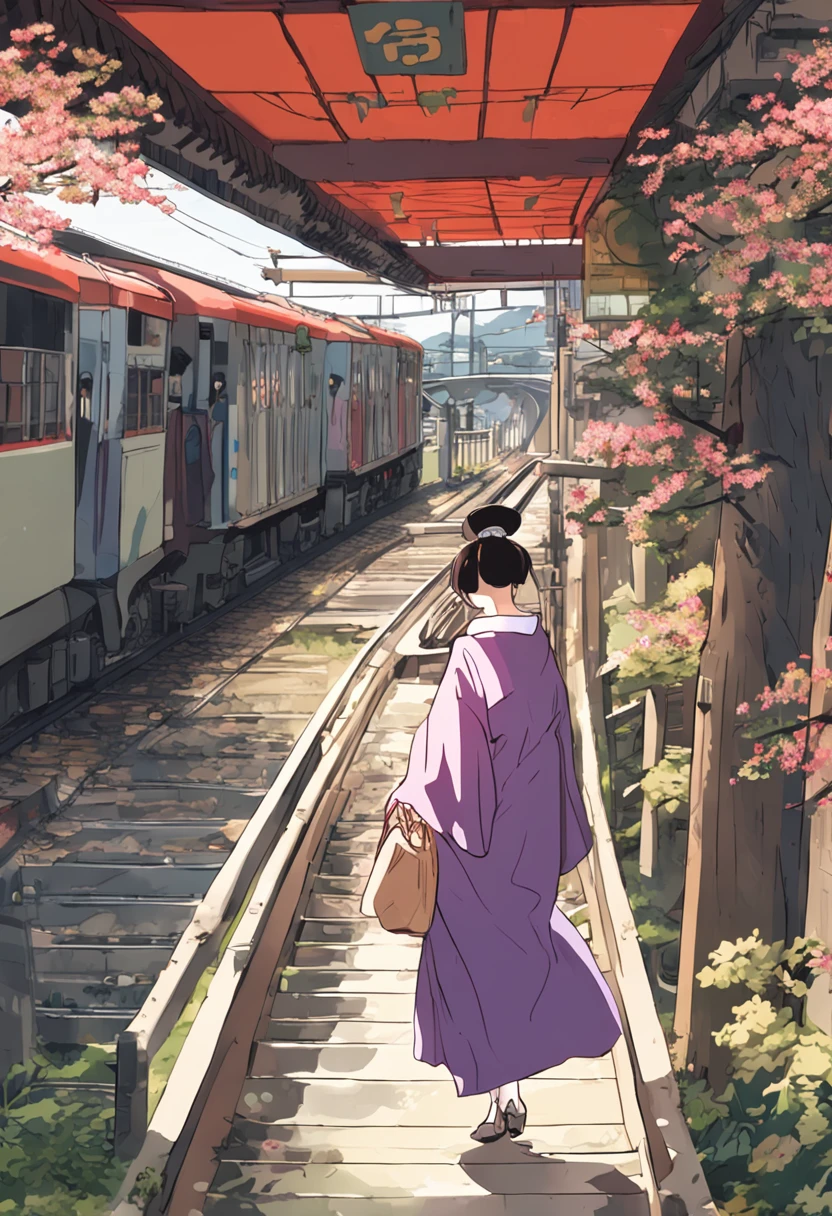 Sightseeing spots in Kyoto, Shinkansen in the background, Farbe々Girl in Japanese clothes with flower pattern, Sunnyday, Maiko coming and going, Tourists in Dae Rong