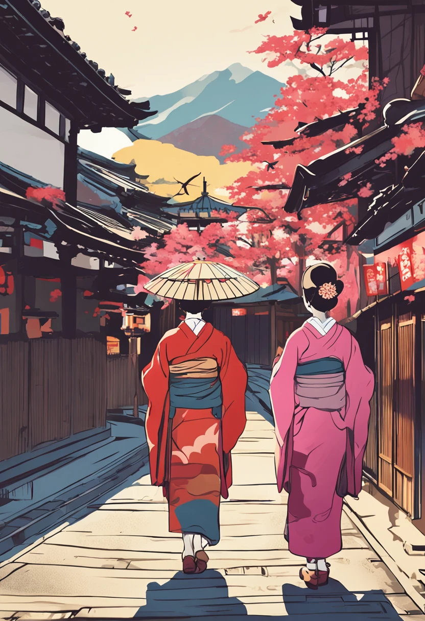 Sightseeing spots in Kyoto, Shinkansen in the background, Farbe々Girl in Japanese clothes with flower pattern, Sunnyday, Maiko coming and going, Tourists in Dae Rong