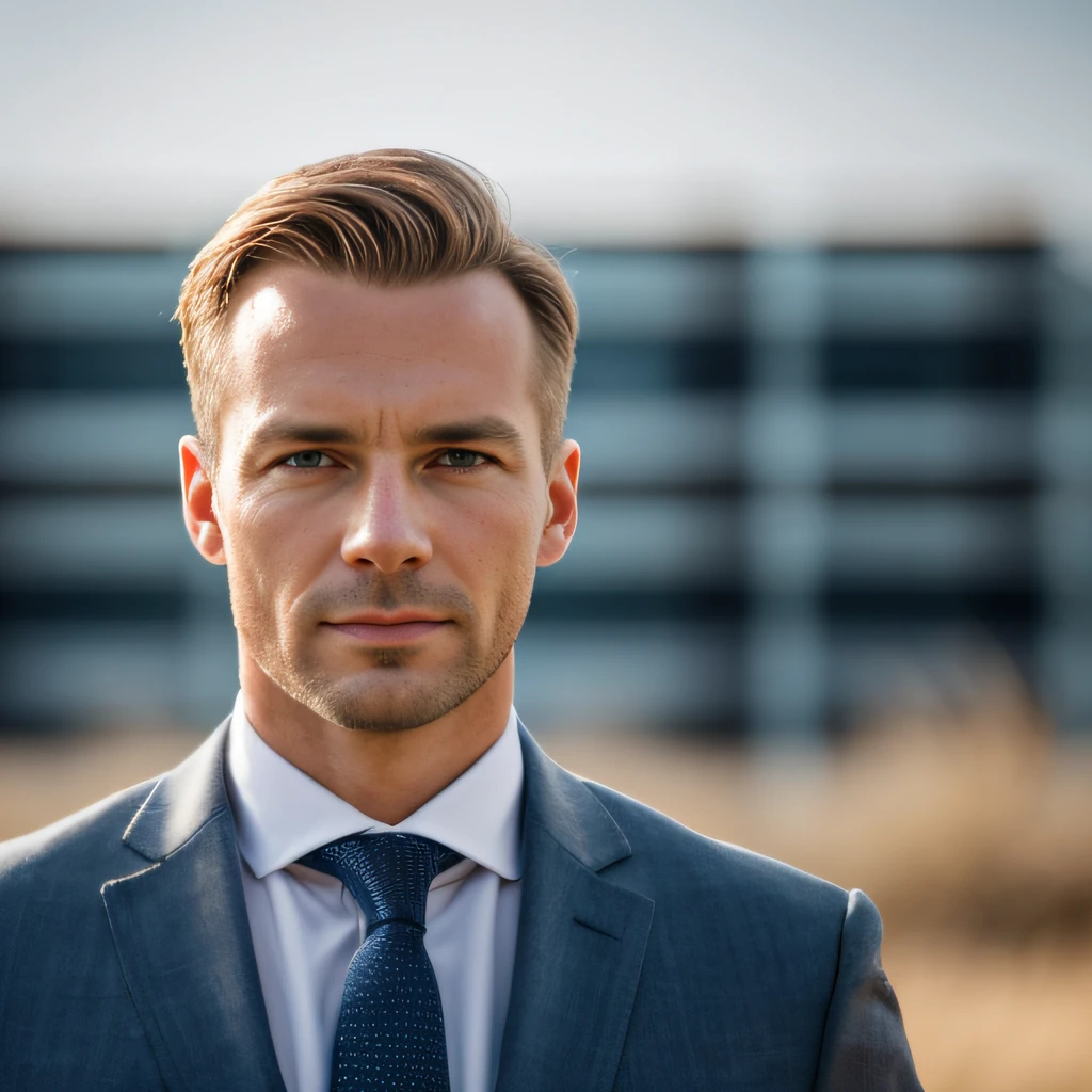 1man, 27 JAHRE, Blond, blau, Businessman, Vorderansicht, Deutsch, Business-Stil, arms crossed, Gesicht Ultradetail, Award-winning portrait photo, key light, Hintergrundbeleuchtung, soft natural lighting, Blaues Sakko, Hintergrundbeleuchtung, soft natural lighting, Mann stehend, Fotografie Filmkorn ISO 1400 100mm Objektiv Blende RAW f1.4, Highly detailed, Blick auf den Horizont, 8K, Latein, (Analoge Fotografie: 1.0), HDR-Farben, Background Building City