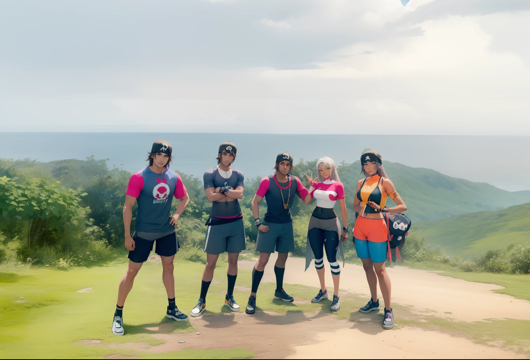 masterpiece, best quality, pkmntag, bandana, striped crop top, armband, black shorts, black gloves, striped leggings, upper body, looking at viewer, furrowed brow, smile, crossed arms, large breasts, sky, ocean, clouds, rocky shore, (dark skin:0.8)