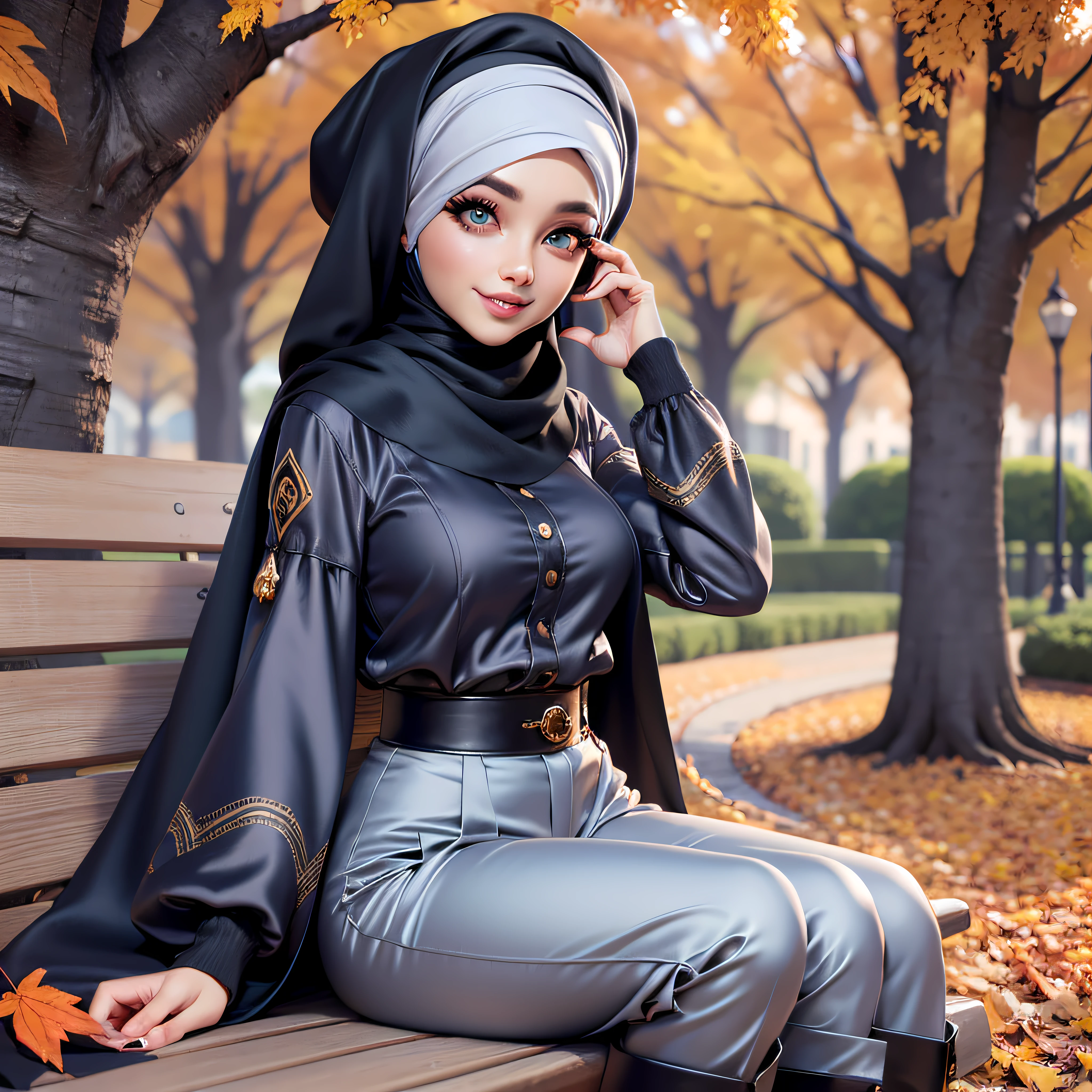 Masterpiece, Best Quality, 3D Rip Artwork, 3DMM Style, Portrait, Realism, a woman beautifully makeup, eyeshadow, Parted Lips, Detailed Eyes, beautiful big eyes, long eye lashes, smile wearing (black satin headscarf), loosely tide hijab style, ((gray satin shirt)), satin long pants, dyllic hat, high cut boots, seating on wood bench in a park is saudi arabia, autumn fall, saudi arabia view