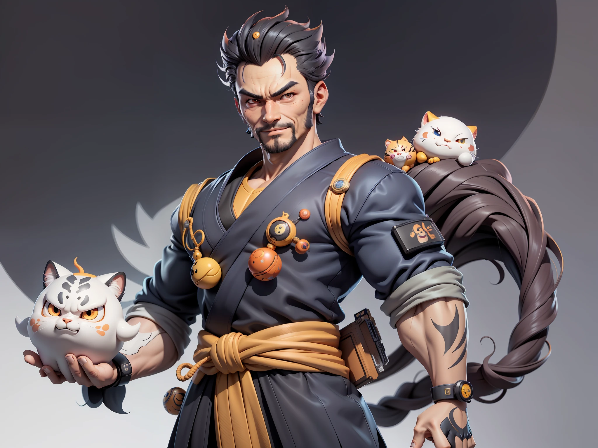 (Daisaku),(Need),(Super meticulous),(full bodyesbian:1.2),Super young man with Japanese geisha,Beautiful,orient,one tiger,Aeolian Thor,Raised sexy,爆乳,Oriental face,TV Anchor,Bust portrait illustration,In black suit,a blue tie,The face is slightly chubby,The face was clean,without a beard,Black super short hair,Black eyes,Smile confidently,3C computer sub-products,iPad, iphone,Digital painting,3D character design by Mark Clairen and Pixar and Hayao Miyazaki and Akira Toriyama,The illustration is a high-definition illustration in 4K resolution,With very detailed facial features and cartoon-style visuals。