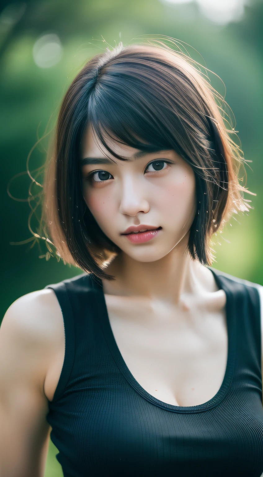 Woman on a motorcycle、From above、short-cut、(Colossal tits:1.3)、(masterpiece、top-quality)、((20 year old woman:1.ung adorable Japan face, dewy skin, Soft portrait shots,8K,、very extremely beautiful、(Wet body 1.3)、close up of face