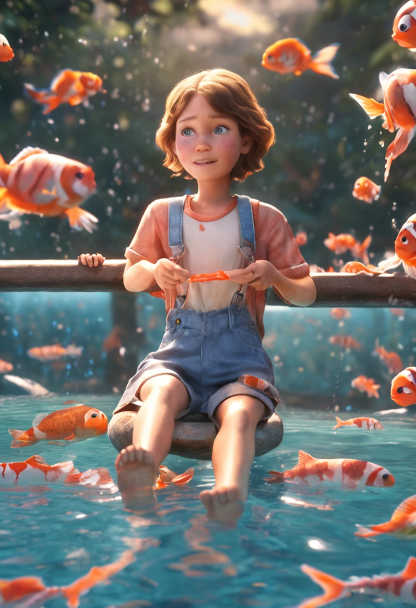 movie picture quality，Disney animation，Disney animated films， girl swimming in sky sitting on koi，Short hair and small braids，Denim suspenders，The barefoot，depth of fields，high light，Real light，Ray traching，oc rendered，Hyper-realistic，best qualtiy，8K，Works of masters，super-fine，Detailed pubic hair，Correct anatomy，sharp focus on eyes，Bokeh，Facial features are carefully depicted