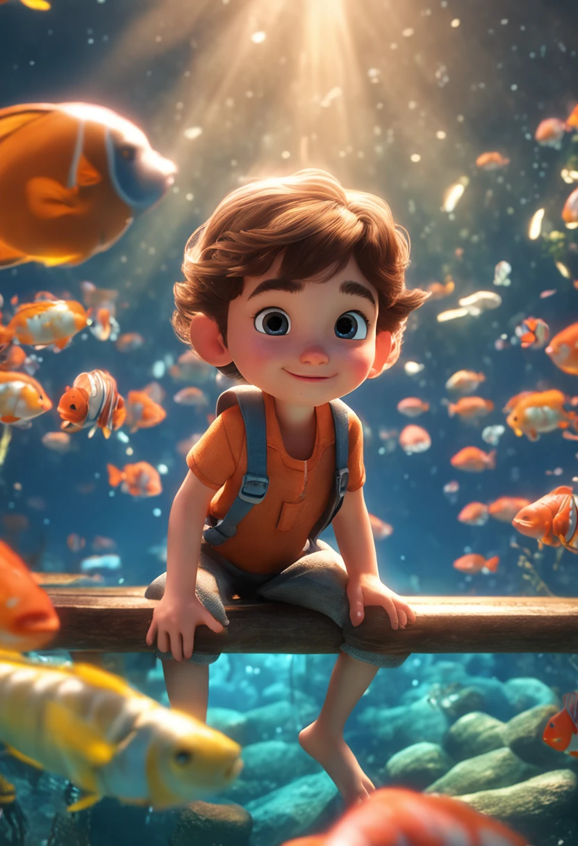 movie picture quality,Disney animation style,A little boy swims in the sea with a koi in his arms,short detailed hair,Denim suspenders,The barefoot,depth of fields,high light,Real light,Ray traching,oc rendered,Hyper-realistic,best qualtiy,8K,Works of masters,super-fine,Detailed pubic hair,Correct anatomy,sharp focus on eyes,Bokeh,Facial features are carefully depicted