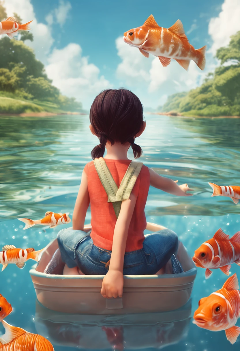 movie picture quality,Disney animation,Disney animated films, girl swimming in sky sitting on koi,Short hair and small braids,Denim suspenders,The barefoot,depth of fields,high light,Real light,Ray traching,oc rendered,Hyper-realistic,best qualtiy,8K,Works of masters,super-fine,Detailed pubic hair,Correct anatomy,sharp focus on eyes,Bokeh,Facial features are carefully depicted