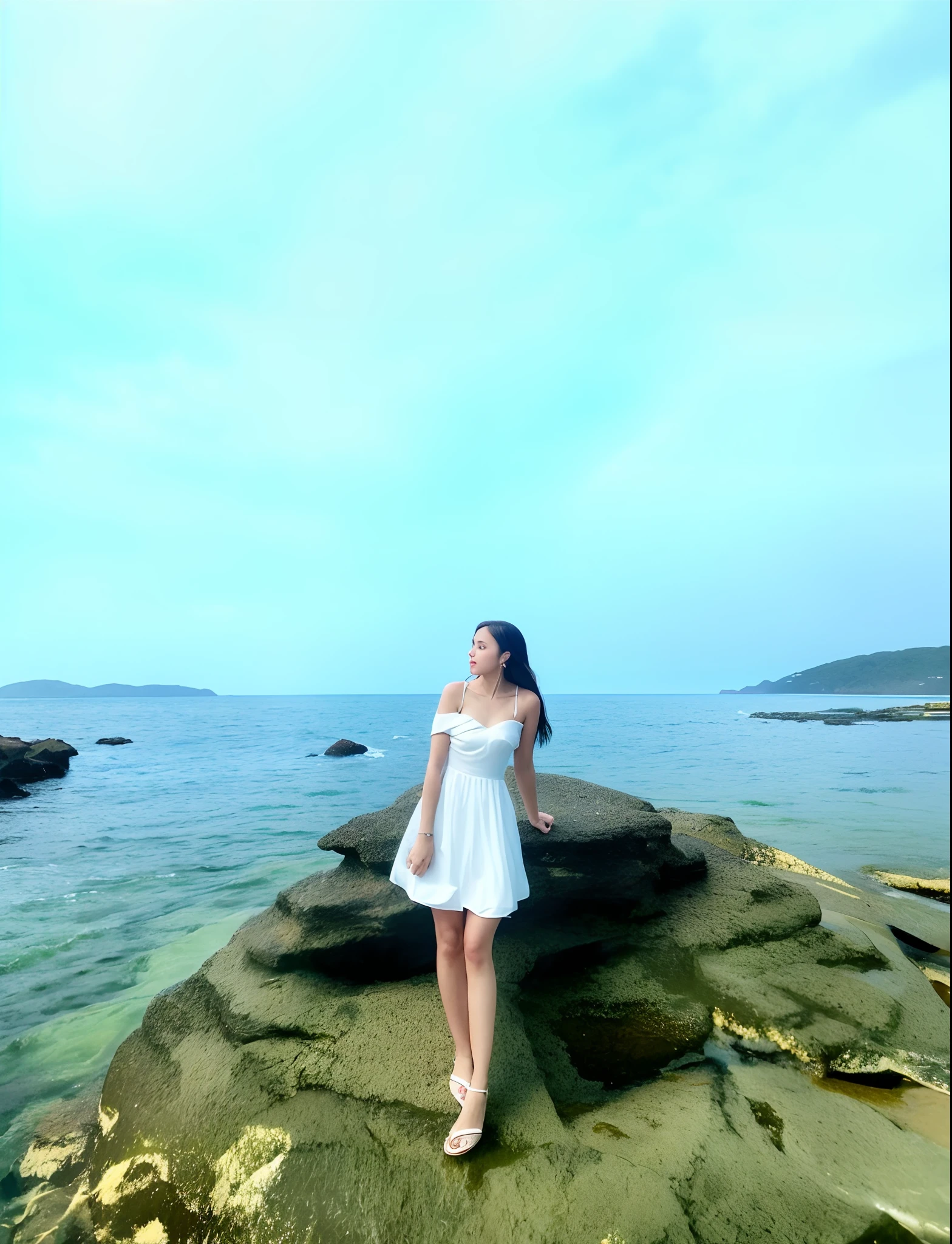 A sweet girl by the sea,voluminous hair,Delicate face,Photorealsitic,of a real,largeaperture,wears a white dress,A cropped dress,Off-the-shoulder,A dress around the neck,Slim,sexy for,超高分辨率