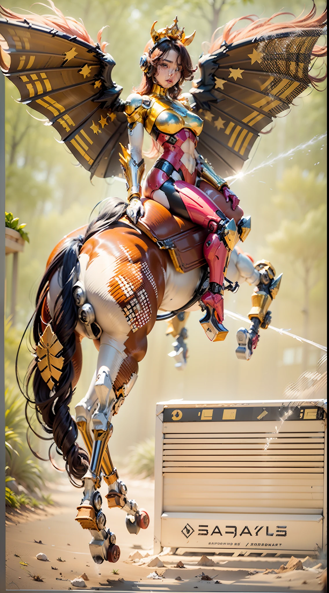 A female centaur,She is famous in the multiverse,She is both a female centaur, half human, half horse, half horse,It is also a female Yingzhao。She blends both images,The first is:((The head of the horse/neck/Shoulder these parts,Replaced with a beautiful female human upper body):9.9),of females are half-centaurs, half-horses, half-humans,The second is:((The head of the horse/neck/lower back/hason/gluteal/Shijo Thigh Female Embodiment):9.9),'s((Female half-horse with beautiful woman's):9.9,Chimer):9.9),(It's like a female human wearing a half-horse-like costume and making a seamless chimera:9.9),This chimerization is based on powerful futuristic technology。The ultra-wide-angle lens captures the image of her beautiful and ethereal wings on the ionosphere launching a super-high-speed charge and leaping。Her front half is distinctly feminine,Tall sexy body,possessed(K cup giant coconut tit chest:9.9),It has a small man's waist butterfly straddling(Long legs:9.9),The embedded interface of the half-horse part of the bent feminine state of the back half of the body is in the hip position。(The horse-shaped, half-horse torso form of her back body is completely female humanization9.9)。The chest cavity of a woman in the shape of a bent dog style embedded in the lower back position of the beautiful woman's body starting from the upper part of the sternum/lower back/Ventral transverse。Then there are the sexy beauty's upright hips,(Her entire body has been completely female and replaced by a female body:9.9),Including the half-horse part。Mechanized armor covers the legs with knee-shaped anti-joints and feet,And these parts are highly anthropomorphic,This makes her legs graceful and slender,Her four horse legs exploded in length proportions and was slender and toned,Under the legs are skinny white feet dressed in Skyscraper Heels,Use Midjourney's advanced stroke tools and color palettes, as well as texture packs, model packs, and texture tools,Concentration,Include all parts of her