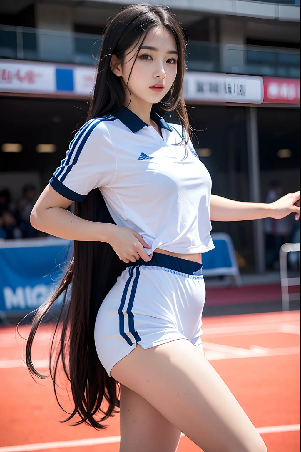(8K、top-quality、masterpiece:1.2)、(realisitic、Photorealsitic:1.37)、ultra-detailliert、top-quality、超A high resolution、professionally lit、Photon mapping、Radio City、physically-based renderingt、Cinematic lighting、Basketball court,depth of fields,Focusing,Sun'rays,Good composition,(The background is blurry:1.2),女の子1人,(full body Esbian),(Keep your mouth shut),Beautiful eyes,the pose,Constriction,Soccer Uniforms,A dark-haired,Beautiful straight hair,long hair flowing with the wind,(ulzzang-6500:1.2) mix4, hiqcgbody、Sweaty beauty、Beautiful woman with big wearing soccer uniform、Dramatic Sexy、Realistic Photos、Soccer Field