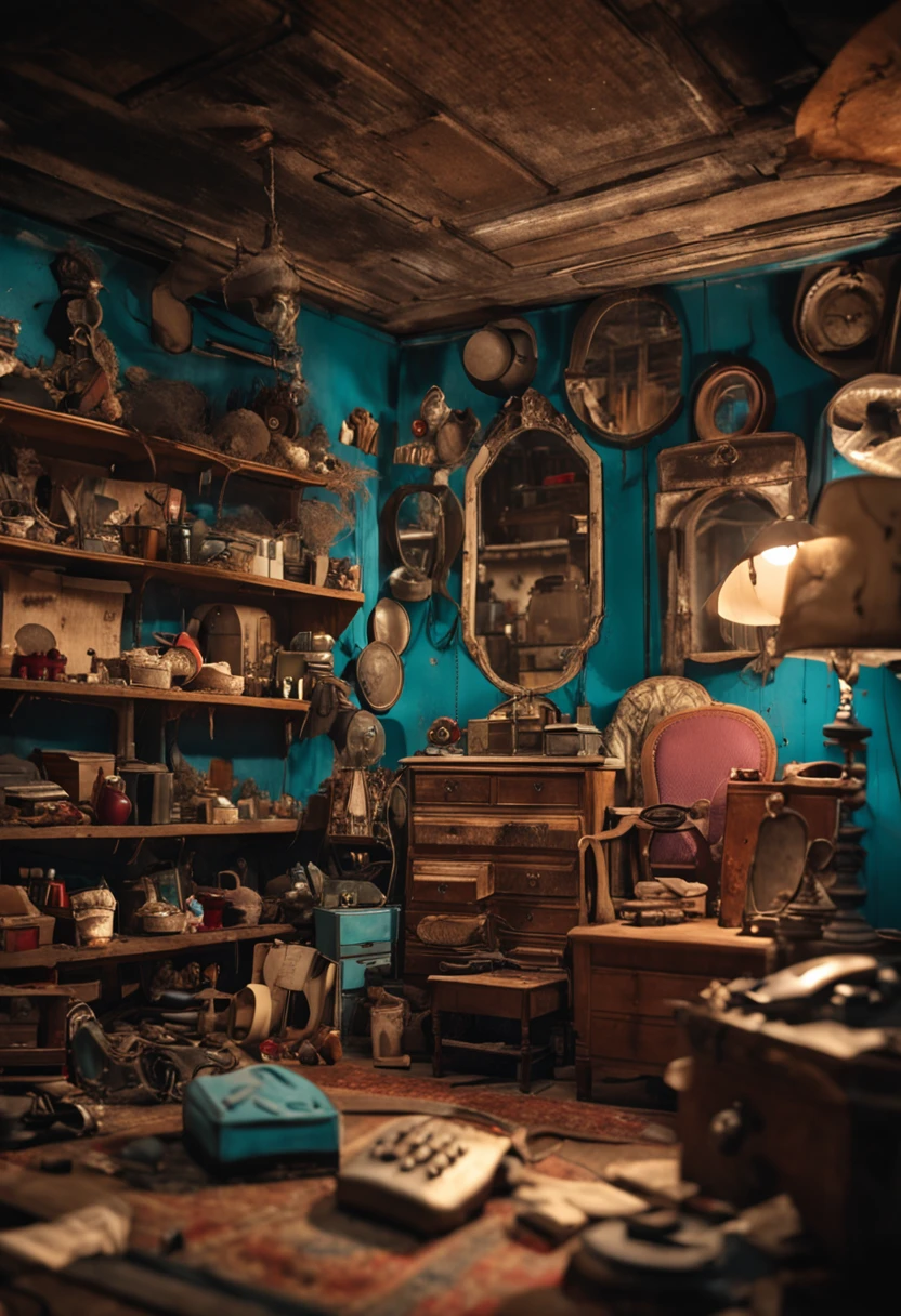 generate a antique shop with gramophone, old phone, old mirror, Kaleidoscope and other things