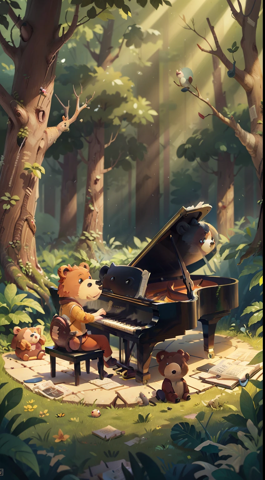 A cartoon bear, A grand piano，In the primeval forest，Masterpiece,Cartoon bear plays piano，a 3D render, Best quality, Lots of detail, (Plain background), vinyl toy figurine