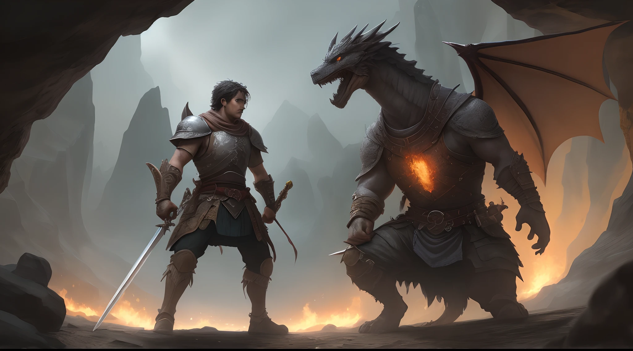 A warrior holds a sword in a dark cave,Fierce battle with dragons