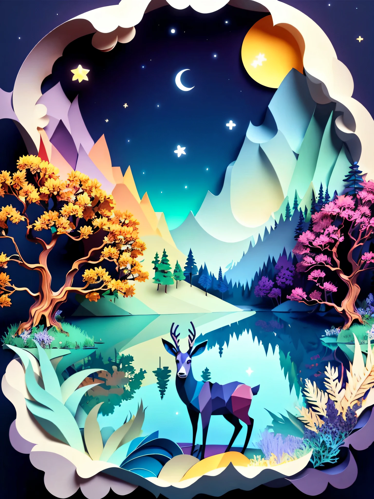 A orange color buck by river is protagonist in the picture, realistic, (((masterpiece))), sky, cloud, water, star \(symbol\), tree, landscape, night, moon, star \(sky\), night sky, scenery, starry sky, watercraft, quiet, Soft light,(warm color:1.2),Water color painting, light background, best quality details, 3d rendering, pastel, paper_cut, gradient color matching from Indigo to purple, ultra high quality, (paper_cut:1.15) (:nature:) (hopeful feeling)